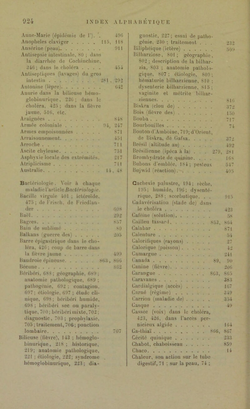 Anne-Marie (épidémie de 1'). '. 400 Anopheles claviger 115, 118 Ansériue (peau)_ 911 Antisepsie intestinale, 80 ; dans la diarrhée de Cochinchine, 346 ; dans le choléra .... 454 Antiseptiques (lavages) du gro3 intestin 281 , 292 Antoniue (lèpre) 042 Anurie dans la bilieuse hémo- globinurique, 22C ; dans le choléra. 425 ; dans la fièvre jaune, 510, etc. Araignées 848 Armée coloniale 0 i-, 2 47 Armes empoisonnées 871 Arraisonnement 451 Aproche 711 Ascite chyleuse 751 Asphyxie locale des extrémités. 217 Atriplicisme 711 Australie l i, 48 gnoslic, 22T ; essai de patho- génie. 230 ; traitement . . . 232 Biliphéique (iclère) sot» Bilharziose, SOI; géographie, 802 ; description de la bilhar- zia, 803 ; anatomie patholo- gique, 807 ; étiologie, 809 ; hématurie bilharzicnne, 810 ; dysenterie bilharzicnne, 815; vaginite et métrite billiar- ziennes g|<; Biskra (clou de) 370 Bois (fièvre des) 130 Bouba 7)7 Bourbouilles 74. Bouton d'Amboine, 719; d'Orieut, de Biskra, do Gafsa 372 Brésil (altitude au) 492 Brésilienne (ipéca à la) . . 279, 281 Bromhydratc de quinine. . . . 10s Bubons d'emblée, 184; pesteux 517 Bujwid (réaction) 405 Bactériologie. Voir à chaque maladie l'article Bactériologie. Bacille virgule 401 ; ictéroïde, 475; de l'risch, de Friedlan- der . 608 Bail 292 liagrcs 857 Bain de sublimé »0 Balkans (guerre des) 205 Barre épigastrique dans le cho- léra, 420; coup de barre dans la fièvre jaune 499 Baudroie épineuse 803 , 800 Bécunc 862 Béribéri, 088 ; géographie, 689; anatomie pathologique, 089 ; pathogénie, 692 ; contagion, 097 ; étiologie, 697 ; étude cli- nique, 698; béribéri humide, 098 ; béribéri sec ou paraly- tique, 700; béribéri mixte, 702 ; diagnostic, 703 ; prophylaxie, 705 ; traitement, 706 ; ponction lombaire 707 Bilieuse (fièvre), 143 ; hémoglo- binurique, 218; historique, 219; anatomie pathologique, 221 : étiologie, 222; syndrome hémoglobiuurique, 223 ; dia- Cachexio palustre, 194 ; sèche, 195; humide, 190; dysenté- rique, 288; scorbutique. . . Cadavérisation (stade de) dans le choléra Caféine (solution) Cailleu tassard 803, Calabar Calenture Calorifiques (rayons) Calorique (poisson) Camargue Canada 89, Canine (fièvre) Carangue 803, Caravanes Cardialgiquo (accès) Carné (régime) Carrion (maladie de) Casque Cassée (voix) dans le choléra, 423, 420, dans l’accès per- nicieux algide Ca-thiaï . 806, Cécité quinique Chabot, chahoisseau Chaco Chaleur, son action sur le tube digestif, 71 ; sur la peau, 74 ; 915 423 58 804 871 54 27 42 241 80 260 Sti.'i 385 107 349 354 49 104 807 233 859 14