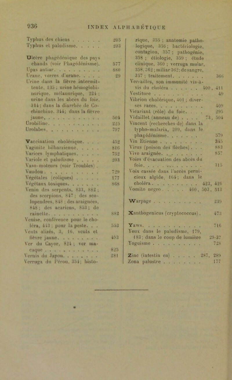 030 Typlms des chiens 205 Typhus et paludisme 203 Ulc ère phagédénique des pays chauds (voir Phagédénisme). 577 Upas antiar 880 Urane, verres d'urane 29 Urine dans la fièvre intermit- tente, 135; urine hémoglobi- nurique. raélanurique, 22 4 ; urine dans les abcès du foie, 314; dans la diarrhée de Co- chinchine. 344; dans la fièvre jaune 504 Urobiline. . . 225 Urolabes 797 Vaccination cholérique. . . . 452 Vaginite bilharàenne 810 Varices lymphatiques 752 Variole et paludisme 203 Vaso-moteurs (voir Troubles) . Vaudou 729 Végétales (coliques) 177 Végétaux toxiques 8C8 Venin des serpents, 833, 882 ; des scorpions, 847 ; des sco- lopendres, 848 : des araignées, 848 ; des acariens, 853 ; de rainette 882 Venise, conférence pour le cho- léra, 443; pour la peste. . . 553 Vents alixés, 3, 10, vents et lièvre jaune 493 Ver du Cayor, 824 ; ver ma- caque 825 Vernis du Japon 281 Vcrruga du Pérou, 354; histo- rique, 355 ; anatomie patho- logique, 356 ; bactériologie, contagion, 357 ; pathogénie, 358 ; étiologie, 359 ; étude clinique, 300 ; verruga mular, 358. 362 ; miliar302; desangre, 357 ; traitement 300 Versailles, spn immunité vis-à- vis du choléra 400, 411 Vesliture 49 Vibrion cholérique, 4UI ; diver- ses races 409 Yicariant (rûle) du foie. . . . 295 Vidaillet (anneau de) .... 73, 504 Vincent (recherches de) dans la typho-malaria, 209, dans le phagédénisme 579 Vin Etienne 345 Virus (poison des fièches) . . . 883 Vive araignée 857 Voies d'évacuation des abcès du foie 315 Voix cassée dans l'accès perni- cieux algide, 404; dans le choléra 423, 420 Vomilo negrn 400, 503, 513 Warpagc 239 Xanthogenicus (cryplococcus). 473 Yaws 716 Veux dans le paludisme, 179, 183; dans le coup de lumière 29-37 Yoguisme 728 Zinc (intestin en) 287, 28!» Zona palustre 177