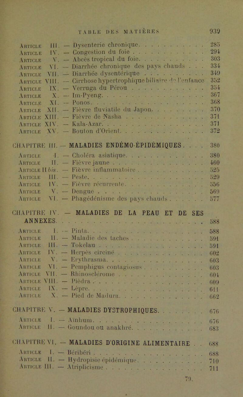 Article III. — Dysenterie chronique 283 Article IV. — Congestion du foie 294 Article V. — Abcès tropical du foie 303 Article VI. — Diarrhée chronique des pays chauds . . . 334 Article VII. — Diarrhée dysentérique 340 Article VIII. — Cirrhose hypertrophique biliaire d l’enfance 352 Article IX. — Verraga du Pérou 354 Article X. — Im-Pyeng 367 Article XI. — Ponos 368 Article XII. — Fièvre fluviatile du Japon 370 Article XIII. — Fièvre de Nasha 371 Article XIV. — Kala-Azar 371 Article XV. — Bouton d'Orient 372 CHAPITRE III. — MALADIES ENDÉMO-ÉPIDÉMIQUES. ... 380 Article I. — Choléra asiatique 380 Article II. — Fièvre jaune 460 Article II iis. — Fièvre inflammatoire 525 Article III. — Peste 529 Article IV. — Fièvre Récurrente 556 Article V. — Dengue 569 Article VI. — Phagédénisme des pays chauds 577 CHAPITRE IV. — MALADIES DE LA PEAU ET DE SES ANNEXES 588 Article I. -- Pinto. 588 Article II. — Maladie îles taches 591 Article III. — Tokélau 591 Article IV. — Herpès circiné 802 Article V. — Erythrasma 603 Article VI. — Pemphigus conlagiosus 603 Article VII. — Rhinosclérome 604 Article VIII. — Pièdra 609 Article IX. — Lèpre 611 Article X. — Pied de Madura 662 CHAPITRE V. - MALADIES DYSTROPHIQUES 676 Article I. — Aïnhum 676 Article II. — Goundou ou an ak h ré 683 CHAPITRE VI. - MALADIES D’ORIGINE ALIMENTAIRE . . 688 Article I. — Béribéri 688 Article II. — Hydropisie épidémique 710 Article 111. — Atriplicisme 711 79.