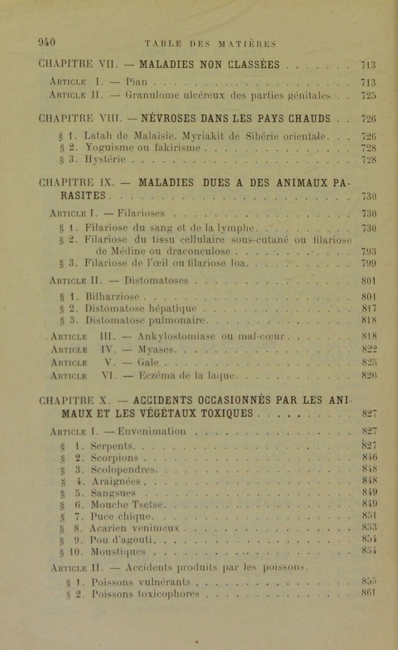 CHAPITRE VII. — MALADIES NON CLASSÉES 713 Article I. — Pian 713 Article II. — Granulome ulcéreux des parties génitales . . 725 CHAPITRE VIII. — NÉVROSES DANS LES PAYS CHAUDS . . 726 § 1. Latah de Malaisie. Myriakit de Sibérie orientale. . . 726 § 2. Yoguisme ou fakirisme 728 § 3. Hystérie .... 728 CHAPITRE IX. — MALADIES DUES A DES ANIMAUX PA- RASITES 730 Article I. —Filarioscs 730 § 1. Filariose du sang et de la lymphe 730 § 2. Filariose du tissu cellulaire sous-cutané ou lilariose de Médine ou draconculose .............. 793 § 3. Filariose de l’œil ou lilariose loa 799 Article II. — Distomatoses 801 § 1. Bilharziose 801 S 2. Distomaloso hépatique 817 g 3. Distomatose pulmonaire 818 Article III. — Ankylostomiase ou mal-cœur 818 Article IV. — Myascs 822 Article V. — Gale 825 Article VI. — Eczéma de la laque 826 CHAPITRE X. — ACCIDENTS OCCASIONNÉS PAR LES ANI- MAUX ET LES VÉGÉTAUX TOXIQUES 827 Article I. —Envenimation 827 § 1. Serpents 827 § 2. Scorpions 8t6 § 3. Scolopendres 848 § 4. Araignées 848 S 5. Sangsues 8 49 § 6. Mouche Tsetse 849 § 7. Puce chique 831 S 8. Acarien venimeux 853 g 9. Pou d’agouti 854 g 10. Moustiques 854 Article II. — Accidents produits par les poissons. § I. Poissons vulnérants 855 g 2. Poissons toxicophores 861