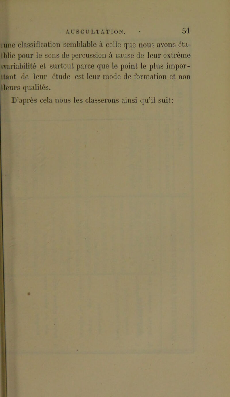 unc classification semblable a celle que nous avons eta- blic pour le sons de percussion a cause de leur extreme variability et surtout parce que le point le plus impor- tant de leur etude est leur mode de formation et non leurs qualites. D’apres cela nous les classerons ainsi qu’il suit: