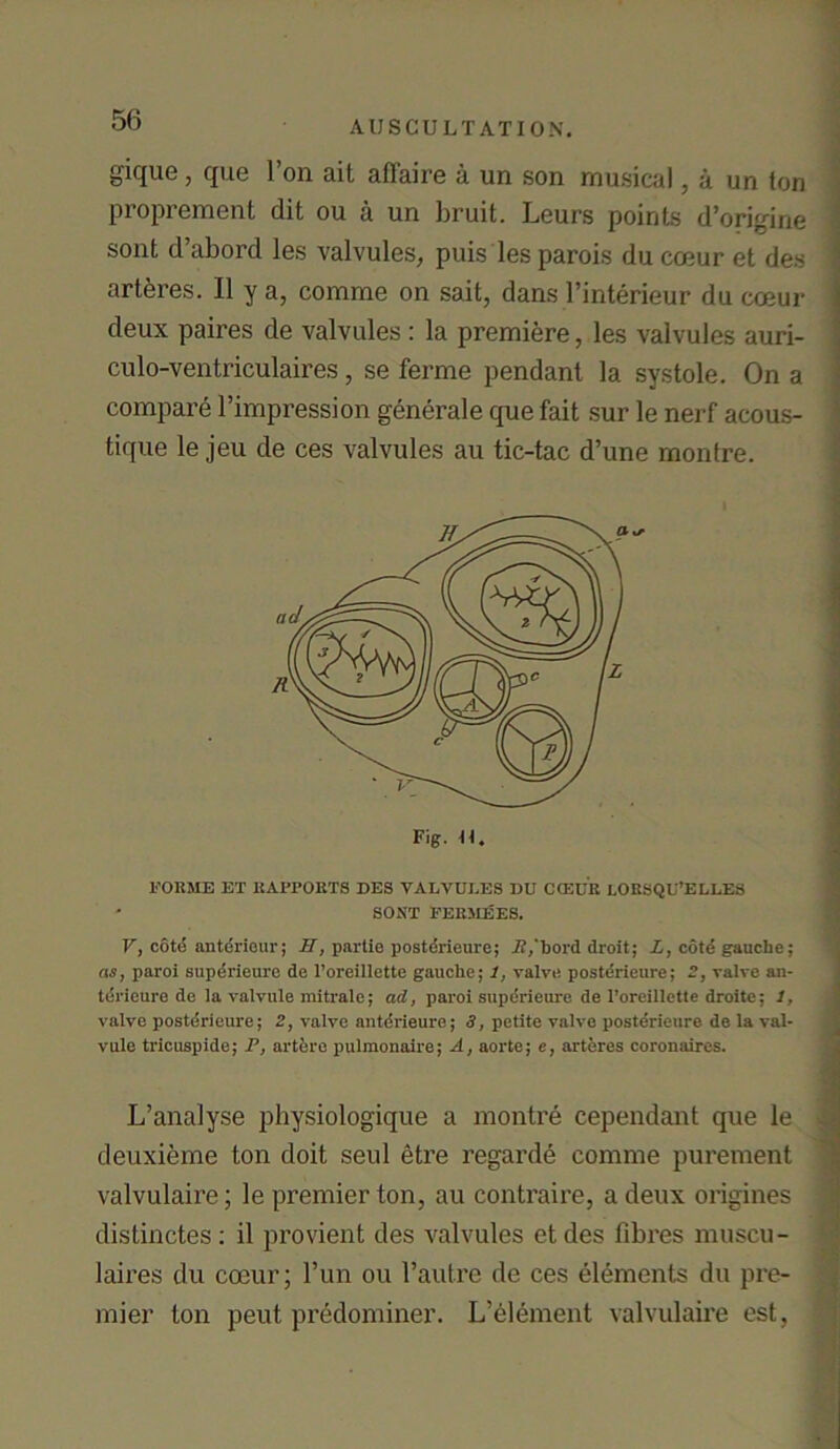 gique, que 1 on ait aflaire a un son musical, a un ton proprement dit ou a un bruit. Leurs points d’origine sont d’abord les valvules, puis les parois du coeur et des artferes. II y a, comme on sail, dans l’interieur du cmur deux paires de valvules : la premiere, les valvules auri- culo-ventriculaires, se ferine pendant la systole. On a compare l’impression generate que fait sur le nerf acous- tique le jeu de ces valvules au tic-tac d’une montre. Fig. u. FORME ET RAPPORTS DES VALVUI.ES DU CtEUE LOBSQU’ELLES ' SONT FEUMEES. V, cote anterieur; II, partie posterieure; if/hord droit; L, cote gauche; as, paroi superieure de l’oreillette gauche; 1, valve posterieure; 2, valve an- tdrieure de la valvule mitrale; ad, paroi superieure de l’oreillette droite; 1, valve posterieure; 2, valve antdrieure; 3, petite valve posterieure de la val- vule tricuspide; P, artfere pulmonaire; A, aorte; e, arteres coronaires. L’analyse physiologique a montre cependant que le deuxieme ton doit seul etre regarde comme purement valvulaire; le premier ton, au contraire, a deux origines distinctes : il provient des valvules etdes fibres muscu- laires du coeur; l’un ou l’autre de ces elements du pre- mier ton peut predominer. L’element valvulaire est,