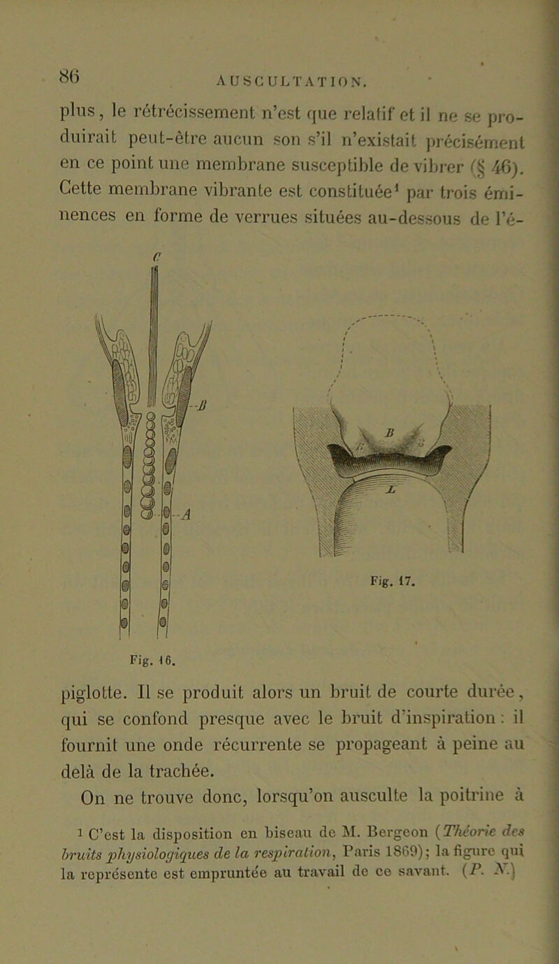 plus, le retrecissement n’est que relafif et il ne so pro- duirait peut-etre aucun son s’il n’existait precisement en ce point une membrane susceptible devibrer (§ 46). Cette membrane vibrante est constitute1 par trois emi- nences en forme de verrues situees au-dessous de l’e- c Fig. 17. piglotte. II se produit alors un bruit de courte duree, qui se confond presque avec le bruit dbnspiration: il fournit une onde recurrente se propageant a peine au dela de la trachee. On ne trouve done, lorsqu’on ausculte la poitrine a i C’cst la disposition cn Liseau de M. Bergcon (Thdorie des bruits 2'>liysiologiques de la respiration, Paris 1S69); la figure qui la representc est erapruntee au travail de ce savant. (P■ A.)