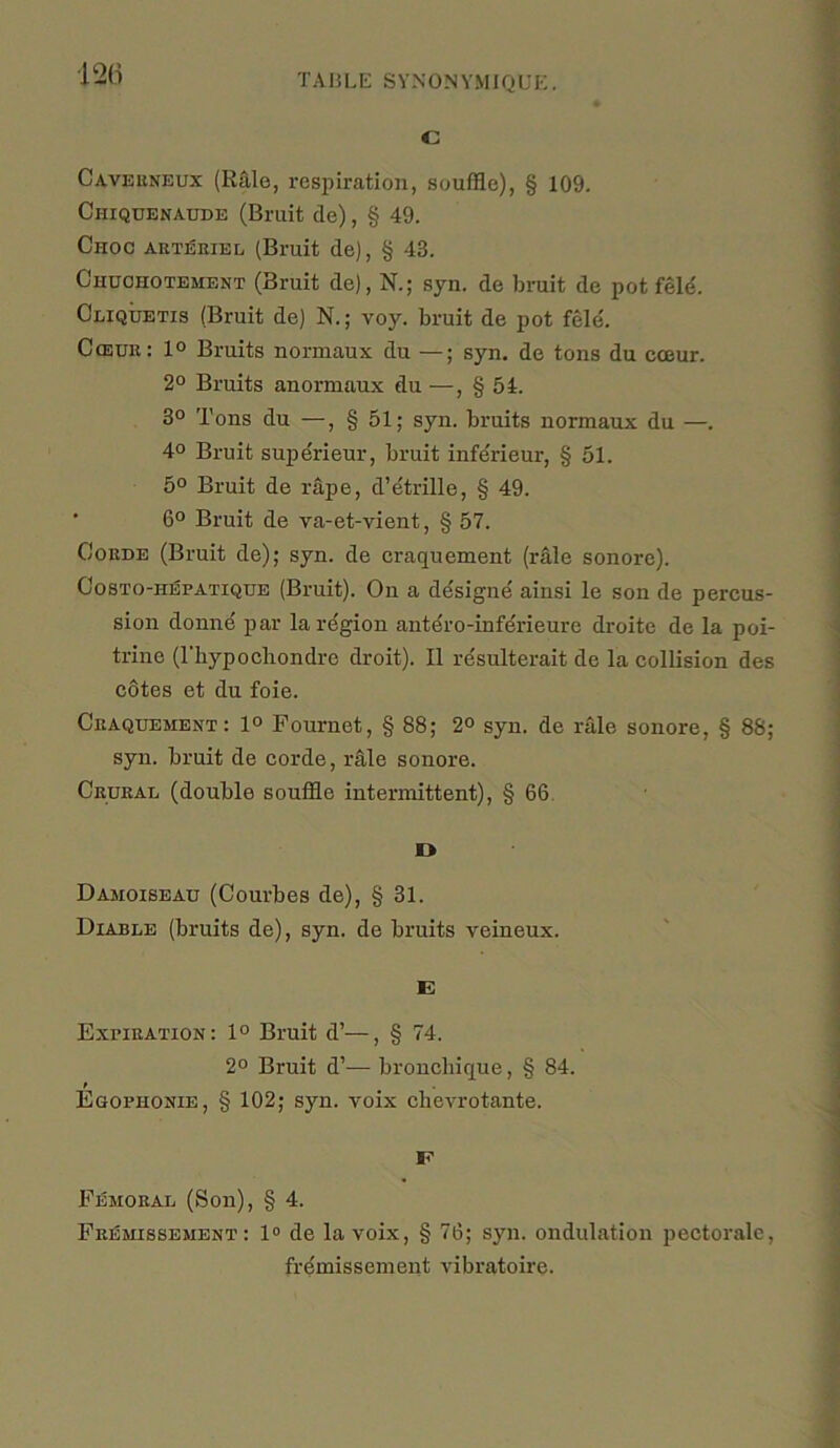 c Caveeneux (Rale, respiration, souffle), § 109. Ciiiquenaude (Bruit cle), § 49. Choc aiiteeiel (Bruit de), § 43. Chuohotement (Bruit de), N.; syn. de bruit de pot feld. Cliquetxs (Bruit de) N.; voy. bruit de pot fele. Cceuu : 1° Bruits normaux du —; syn. de tons du cceur. 2° Bruits anormaux du —, § 54. 3° Tons du —, § 51; syn. bruits normaux du —. 4° Bruit superieur, bruit inferieur, § 51. 5° Bruit de rape, d’etrille, § 49. ' 6° Bruit de ya-et-vient, § 57. Coede (Bruit de); syn. de craquement (rile sonore). Costo-hepatique (Bruit). On a designe ainsi le son de percus- sion donne par la region antero-infdrieure droite de la poi- trine (rhypochondre droit). II re'sulterait de la collision des cotes et du foie. Ceaquement: 1° Fournet, § 88; 2° syn. de rale sonore, § 88; syn. bruit de eorde, rale sonore. Ceukal (double souffle intermittent), § 66 i» Dasioiseau (Courbes de), § 31. Diable (bruits de), syn. de bruits veineux. E Exxueation: 1° Bruit d’—, § 74. 2° Bruit d’— broncliique, § 84. r Egophonie, § 102; syn. voix chevrotante. E FliMOEAL (Soix), § 4. Fei5missement : 1° de la voix, § 76; syn. ondulation pectorale, frdmissement yibratoire.