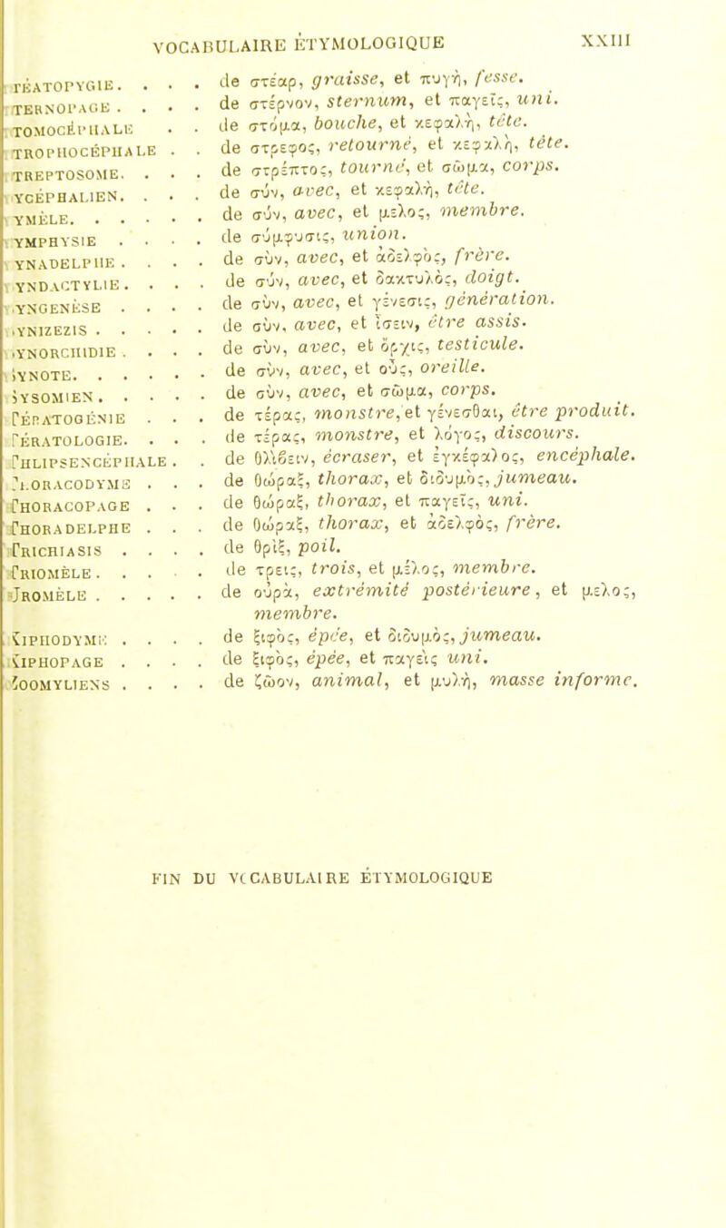réATOPYGIB. . TERNOPAGE . TOMOCÉPIIALE TROPUOCÉPHALE TREPTOSOME. YCEPHAL1EN. YMÉLE. . . YMPHYSIE . YNADELPHE. YKDACTYL1E . . .YNGENÈSE . ■ YN1ZEZIS . . .YNORC.HID1E . iYNOTE. . . jysomien. . pépat00ln1e ératologie. Thlipsencéphale ?1.0racodyme Thoracopage Thoradelphe Trichiasis . Triomèle . . •Tro.mèle . . ÏIPnODYMH . VIPHOFAGE . jOOMYLIENS . île crs'ap, graisse, et n'jyY), fesse. de (jTÉpvov, sternum, et Ttay£î;, uni. de (7TÔ|j.a, bouche, et x£ça),T), tête. de ctpEcpo;, retourné, et y.= :f;àf], tête. de WpiitTo:, tourne1, et trcoita, corps. de a-Ov, avec, et y.£ça),Y), î£fe. de <7Ûv, arec, et lieXo;, membre. de a-j(jLÏ'-nî' union. de trîiv, avec, et à5E>ï>b:, frère. de a-uv, arec, et SettauXàç, doigt. de rrùv, arec, et yr/stn:, génération. de aùv, arec, et î<mv, étra assis. de cùv, arec, et ôpyic, testicule. de tjvv, arec, et oiç, oreille. de cùv, arec, et t7û>(ia, corps. de TÉpaç, monstre, et yÉvsirDat, être produit. de xipaç, monstre, et Xo'voç, discours. de OXtSstv, écraser, et Èy/.£ça>o;, encéphale. de Owpaç, thorax, et St6-j[xbç, jumeau. de OcôpaE, thorax, et TtayEÏ;, itni. de OcûpaS, thorax, et à2s).çô;, frère. de 8piE, poii. de Tpeiç, trois, et (li).o;, membre. de O'jpà, extrémité postérieure, et (xe).o;, memfcre. de ijtcp'oç, e'pc'e, et 8t8u|Aàç, jumeau. de Eiçôç, epe'e, et Ttaysi; wn?'. de 5ôov, animal, et |av).y], masse informe. FIN DU VCCABULAIRE ÉTYMOLOGIQUE
