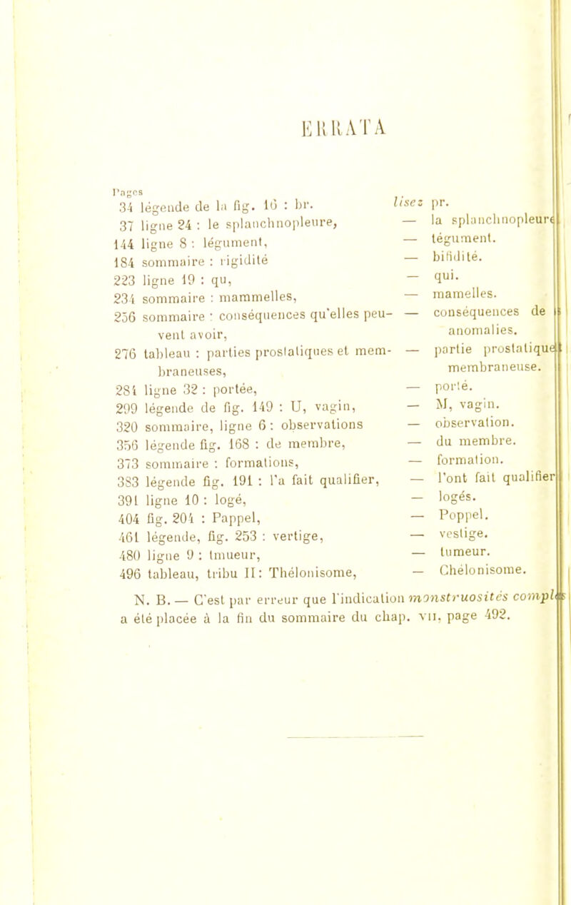 ERRATA Pages 34 légende de la fig. 16 : br. 37 ligne 24: le splanohnopleure, 144 ligne 8 : légument, 184 sommaire : rigidité 223 ligne 19 : qu, 234 sommaire : mammelles, 236 sommaire : conséquences qu'elles peu- vent avoir, 276 tableau : parties proslaliques et mem- braneuses, 284 ligne 32 : portée, 209 légende de fig. 149 : U, vagin, 320 sommaire, ligne 6 : observations 356 légende fig. 168 : de membre, 373 sommaire : formations, 3S3 légende fig. 191 : l'a fait qualifier, 391 ligne 10 : logé, 404 fig. 201 : Pappel, 461 légende, fig. 253 : vertige, 480 ligne 9 : tmueur, 496 tableau, tribu II: Thélonisome, lisez pr. — la splanchnopletfn — tégument. — bifidité. — qui. — mamelles. — conséquences de anomalies. — partie prostatique membraneuse, — porté. — M, vagin. — observation. — du membre. — formation. — l'ont fait qualifier — logés. — Poppel. — vestige. — tumeur. — Chélonisome. N. B. — C'est par erreur que l'indication monstruosités compl a été placée à la fin du sommaire du chap. vu, page 492.