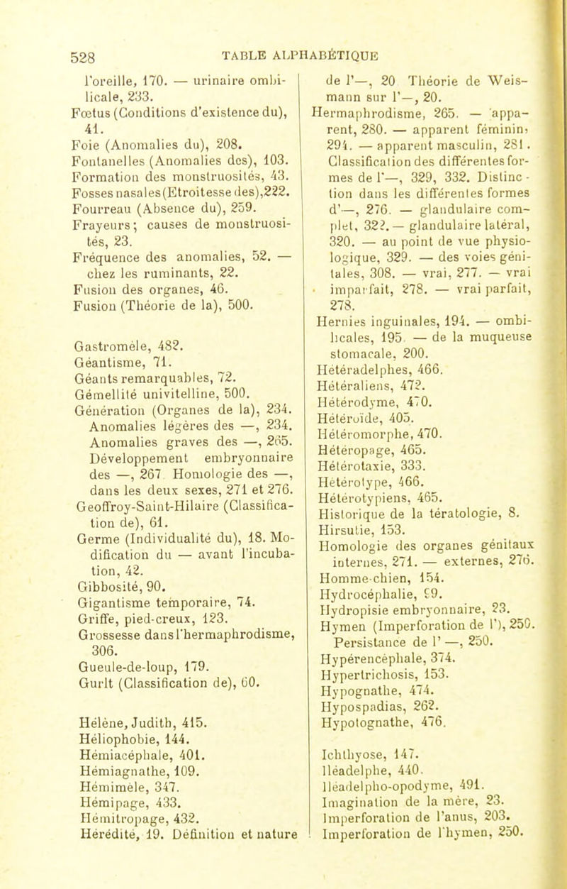 l'oreille, 170. — urinaire ombi- I licale, 233. Fœtus (Conditions d'existence du), 41. Foie (Anomalies du), 208. Fontanelles (Anomalies des), 103. Formation des monstruosités, 43. Fosses nasales(Etroitesse des),222. Fourreau (Absence du), 259. Frayeurs ; causes de monstruosi- tés, 23. Fréquence des anomalies, 52. — chez les ruminants, 22. Fusion des organes, 46. Fusion (Théorie de la), 500. Gastromèle, 482. Géantisme, 71. Géants remarquables, 72. Gémellité univitelline, 500. Génération (Organes de la), 234. Anomalies légères des —, 234. Anomalies graves des —, 265. Développement embryonnaire des —, 267 Homologie des —, dans les deux sexes, 271 et 276. Geoffroy-Saint-Hilaire (Classifica- tion de), 61. Germe (Individualité du), 18. Mo- dification du — avant l'incuba- tion, 42. Gibbosité, 90. Gigantisme temporaire, 74. Griffe, pied-creux, 123. Grossesse dans l'hermaphrodisme, 306. Gueule-de-loup, 179. Gurlt (Classification de), 00. Hélène, Judith, 415. Héliophobie, 144. Hémiacéphale, 401. Hémiagnathe, 109. Hémimèle, 347. Hémipage, 433. Hémitropage, 432. Hérédité, 19. Définition et nature de P—, 20 Théorie de Weis- mann sur 1'—, 20. Hermaphrodisme, 265. — appa- rent, 280. — apparent féminini 294. — apparent masculin, 281 . Classificaiion des différentes for- mes de 1'—, 329, 332. Distinc- tion dans les différentes formes d'—, 276. — glandulaire com- plet, 32?.— glandulaire latéral, 320. — au point de vue physio- logique, 329. — des voies géni- tales, 308. — vrai, 277. — vrai imparfait, 278. — vrai parfait, 278. Hernies inguinales, 194. — ombi- licales, 195. — de la muqueuse stomacale, 200. Hétéradelphes, 466. Hétéraliens, 472. Hétérodyme, 470. Hétéroïde, 405. Hétéromorphe, 470. Hétéropage, 465. Hélérotaxie, 333. Hetérotype, 466. Héterotypiens, 465. Historique de la tératologie, 8. Hirsutie, 153. Homologie des organes génitaux internes, 271. — externes, 276. Homme-chien, 154. Hydrocéphalie, £9. Hydropisie embryonnaire, 23. Hymen (Imperforation de 1'), 250. Persistance de 1' —, 250. Hypérencèphale, 374. Hypertrichosis, 153. Hypognathe, 474. Hypospadias, 262. Hypotognathe, 476. Ichthyose, 147. lléadelphe, 440. lléadelpho-opodyme, 491. Imagination de la mère, 23. Imperforation de l'anus, 203. Imperforation de l'hymen, 250.
