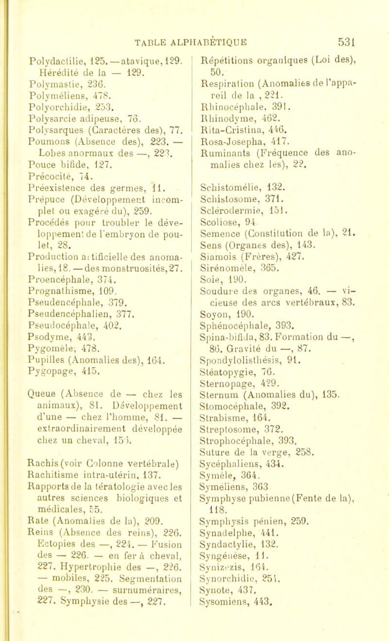Polydaclilie, 125. —atavique, 129. Hérédité de la — 129. Polymastie, 236. Polyniéliens, 47S. Polyorchidie, 253. Polysarcie adipeuse, 7ô. Polysarques (Caractères des), 77. Poumons (Absence des), 223. — Lobes anormaux des —, 223. Pouce bifide, 127. Précocité, 74. Préexistence des germes, 11. Prépuce (Développement incom- plet ou exagéré du), 259. Procédés pour troubler le déve- loppement de l'embryon de pou- let, 28. Production aitificielle des anoma- lies, 18. —des monstruosités,27. Proencéphale, 374. Prognathisme, 109. Pseudencéphale, 379. Pseudencéphalien, 377. Pseudocéphale, 402. Psodyme, 443. Pygomèle; 478. Pupilles (Anomalies des), 164. Pygopage, 415. Queue (Absence de — chez les animaux), 81. Développement d'une — chez l'homme, 81. — exlraordinairement développée chez un cheval, 15'i. Rachis(voir Colonne vertébrale) Rachitisme intra-utérin, 137. Rapports de la tératologie avec les autres sciences biologiques et médicales, £5. Rate (Anomalies de la), 209. Reins (Absence des reins), 226. Ectopies des —, 224. — Fusion des — 226. — en fer à cheval, 227. Hypertrophie des —, 226. — mobiles, 225. Segmentation des —, 230. — surnuméraires, 227. Symphysie des—, 227. Répétitions organiques (Loi des), 50. Respiration (Anomalies de l'appa- reil de la , 221. Rliinocépbale, 391. Rhinodyme, 462. Rita-Cristina, 416. Rosa-Josepha, 417. Ruminants (Fréquence des ano- malies chez les), 2?. Scbistomélie, 132. Schistosome, 371. Sclérodermie, 151. Scoliose, 94 Semence (Constitution de la), 21. Sens (Organes des), 143. Siamois (Frères), 427. | Sirénoméle, 365. Soie, 190. Soudure des organes, 46. — vi- cieuse des arcs vertébraux, 83. Soyon, 190. Sphénocéphale, 393. Spina-biflJa, 83. Formation du —, 86. Gravité du —, 87. Spondylolisthésis, 91. Stéatopygie, 76. Sternopage, 429. Sternum (Anomalies du), 135. Stomocéphale, 392. Strabisme, 164. Streptosome, 372. Strophocéphale, 393. Suture de la verge, 258. Sycéphaliens, 434. Symèle, 364. Symeliens, 363 Symphyse pubienne (Fente de la), 118. Symphysis pénien, 259. Synadelphe, 441. Syndactylie, 132. Syngéuése, 11. Synizczis, 16i. Synorchidie, 251. Synote, 437. Sysomiens, 443.