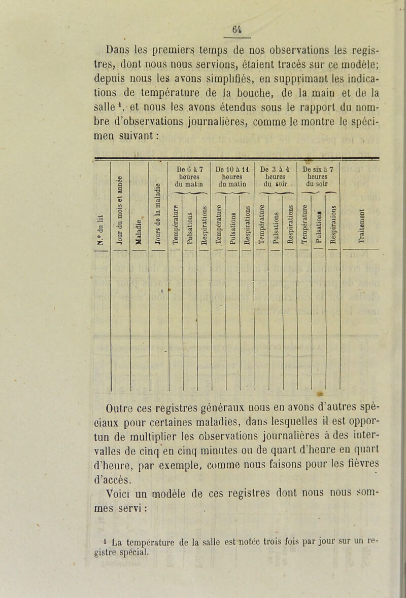 Dans les premiers temps de nos observations les regis- tres, dont nous nous servions, étaient tracés sur ce modèle; depuis nous les avons simplifiés, en supprimant les indica- tions de température de la bouche, de la main et de la salle1, et nous les avons étendus sous le rapport du nom- bre d’observations journalières, comme le montre le spéci- men suivant : Outre ces registres généraux nous en avons d'autres spè- ciaux pour certaines maladies, dans lesquelles il est oppor- tun de multiplier les observations journalières à des inter- valles de cinq en cinq minutes ou de quart d'heure en quart d’heure, par exemple, comme nous faisons pour les fièvres d’accès. Voici un modèle de ces registres dont nous nous som- mes servi : 1 La température de la salle est notée trois fois par jour sur un re- gistre spécial.