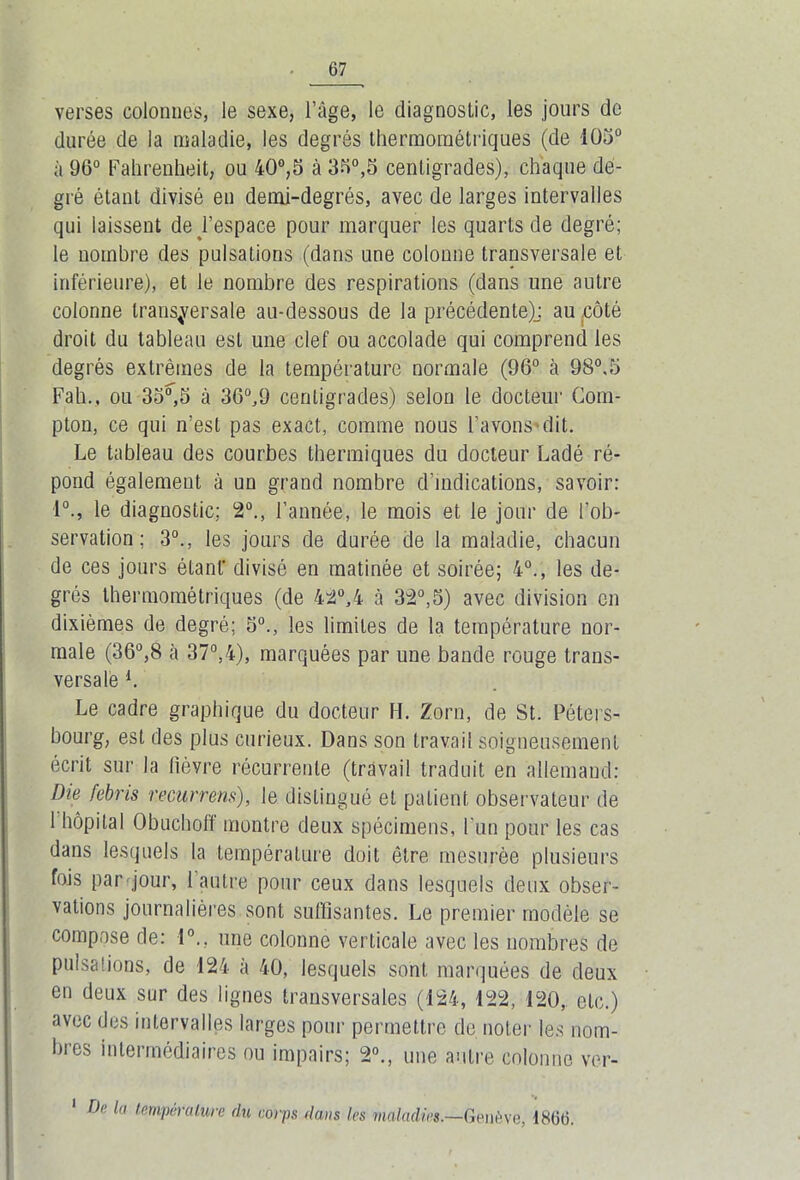 verses colonnes, le sexe, l’âge, le diagnostic, les jours de durée de la maladie, les degrés thermoraétriques (de 105° à 96° Fahrenheit, ou 40°,5 à 33°,5 centigrades), chaque de- gré étant divisé en demi-degrés, avec de larges intervalles qui laissent de l’espace pour marquer les quarts de degré; le nombre des pulsations (dans une colonne transversale et inférieure), et le nombre des respirations (dans une autre colonne transversale au-dessous de la précédente^ au côté droit du tableau est une clef ou accolade qui comprend les degrés extrêmes de la température normale (96° à 98°,5 Fah., ou 35^,5 à 36^9 centigrades) selon le docteur Com- pton, ce qui n’est pas exact, comme nous l’avons dit. Le tableau des courbes thermiques du docteur Ladé ré- pond également à un grand nombre d’indications, savoir: 1°., le diagnostic; 2°., l’année, le mois et le jour de l’ob- servation ; 3°., les jours de durée de la maladie, chacun de ces jours étant' divisé en matinée et soirée; 4°., les de- grés thermométriques (de 42°,4 à 32°,5) avec division en dixièmes de degré; 5°., les limites de la température nor- male (36°,8 à 37°,4), marquées par une bande rouge trans- versale l. Le cadre graphique du docteur H. Zorn, de St. Péters- bourg, est des plus curieux. Dans son travail soigneusement écrit sur la Fièvre récurrente (travail traduit en allemand: Die febris recurrens), le distingué et patient observateur de 1 hôpital Ubuchofl montre deux spécimens, Fun pour les cas dans lesquels la température doit être mesurée plusieurs fois par jour, 1 autre pour ceux dans lesquels deux obser- vations journalières sont suffisantes. Le premier modèle se compose de: 1°., une colonne verticale avec les nombres de pulsations, de 124 à 40, lesquels sont marquées de deux en deux sur des lignes transversales (124, 122, 120, etc.) avec des intervalles larges pour permettre de noter les nom- bres intermédiaires ou impairs; 2°., une autre colonne ver- Di1 lu température du corps dans les maladies.—Genève, 1866.