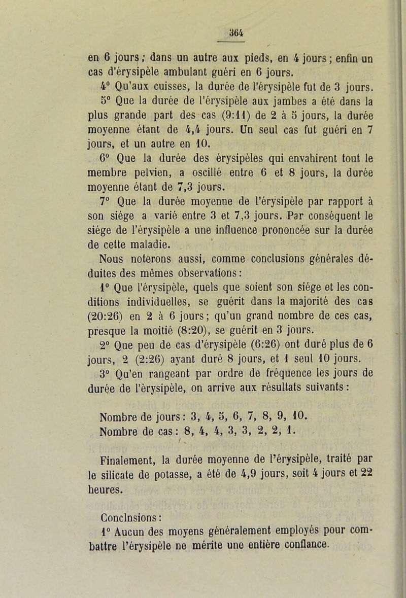 en 6 jours ; dans un autre aux pieds, en 4 jours ; enfin un cas d’érysipèle ambulant guéri en 6 jours. 4° Qu’aux cuisses, la durée de l’érysipèle fut de 3 jours. 5° Que la durée de l’érysipèle aux jambes a été dans la plus grande part des cas (9:11) de 2 à 5 jours, la durée moyenne étant de 4,4 jours. Un seul cas fut guéri en 7 jours, et un autre en 10. 6° Que la durée des érysipèles qui envahirent tout le membre pelvien, a oscillé entre 6 et 8 jours, la durée moyenne étant de 7,3 jours. 7° Que la durée moyenne de l'érysipèle par rapport à son siège a varié entre 3 et 7,3 jours. Par conséquent le siège de l’érysipèle a une influence prononcée sur la durée de cette maladie. Nous noterons aussi, comme conclusions générales dé- duites des mêmes observations : 1° Que l’érysipèle, quels que soient son siège et les con- ditions individuelles, se guérit dans la majorité des cas (20:26) en 2 à 6 jours; qu’un grand nombre de ces cas, presque la moitié (8:20), se guérit en 3 jours. 2° Que peu de cas d'érysipèle (6:26) ont duré plus de 6 jours, 2 (2:26) ayant duré 8 jours, et I seul 10 jours. 3° Qu’en rangeant par ordre de fréquence les jours de durée de l’érysipèle, on arrive aux résultats suivants : Nombre de jours : 3, 4, 5, 6, 7, 8, 9, 10. Nombre de cas: 8, 4, 4, 3, 3, 2, 2, 1. ! . Finalement, la durée moyenne de l’érysipèle, traité par le silicate de potasse, a été de 4,9 jours, soit 4 jours et 22 heures. Conclnsions : 1° Aucun des moyens généralement employés pour com- battre l’érysipèle ne mérite une entière confiance.