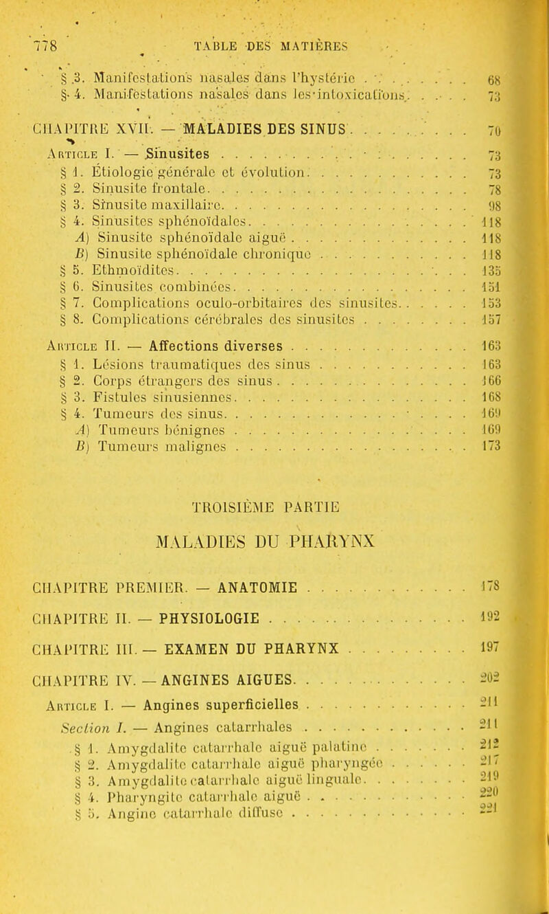 S .3. Manifestations nasales dans l'hystérie .'.*.. 68 §•4. Manifestations nasales dans I es-intoxications. .... :; CHAPITRE XVII. — MALADIES DES SINUS 70 Article I. —Sinusites 7a § 1. Étiologie générale et évolution. 73 § 2. Sinusite frontale 78 § 3. Sinusite maxillaire «18 g 4. Sinusites sphénoïdalcs . .... 118 A) Sinusite sphénoïdalc aiguë 118 JS) Sinusite sphénoïdale chronique J18 § 5. Ethnioïdites 135 § 6. Sinusites combinées toi § 7. Complications oculo-orbitaircs des sinusites 153 § 8. Complications cérébrales des sinusites 157 Article II. — Affections diverses 163 § 1. Lésions traumatiques des sinus 163 § 2. Corps étrangers des sinus 166 § 3. Fistules sinusiennes 168 § 4. Tumeurs des sinus ■ . . . . 16'.i A) Tumeurs bénignes 169 B) Tumeurs malignes 173 TROISIÈME PARTIE MALADIES DU PHARYNX CHAPITRE PREMIER. — ANATOMIE «78 CHAPITRE II. — PHYSIOLOGIE 192 CHAPITRE III.— EXAMEN DU PHARYNX 197 CHAPITRE IV. — ANGINES AIGUËS 202 Article I. — Angines superficielles 211 Section 1. — Angines catarrhales 21] .§ 1. Amygdalite calarrhalc aiguë palatine 212 § 2. Amygdalite catarrhàle aiguë pharyngée § 3. Amygdalite catarrhàle aiguë linguale 219 § 4. Pharyngite catarrhàle aiguë 220j § o. Angine catarrhàle diffuse