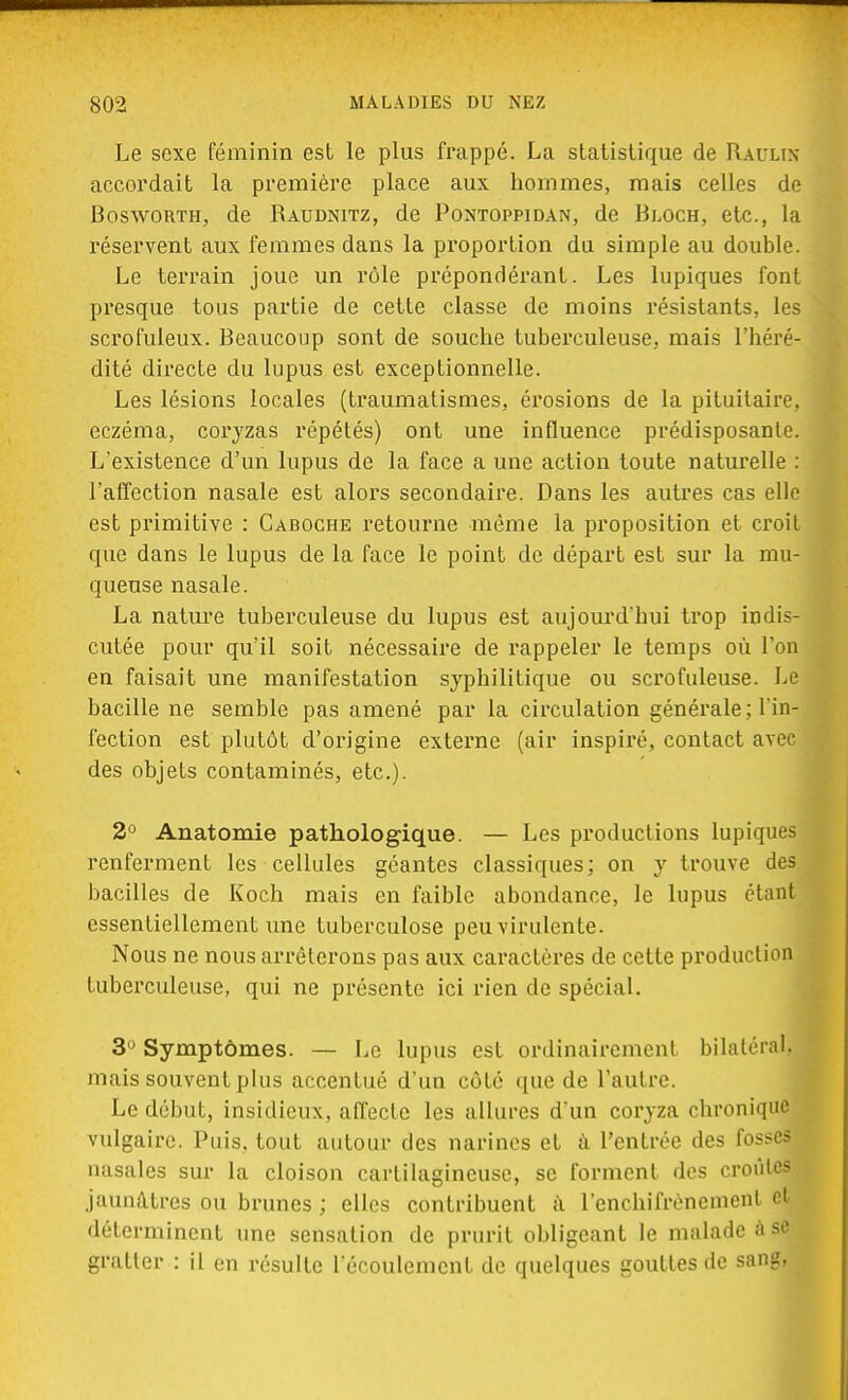 Le sexe féminin est le plus frappé. La statistique de Raultx accordait la première place aux hommes, mais celles de Bosworth, de Raudnitz, de Pontoppidan, de Bloch, etc., la réservent aux femmes dans la proportion du simple au double. Le terrain joue un rôle prépondérant. Les lupiques font presque tous partie de cette classe de moins résistants, les scrofuleux. Beaucoup sont de souche tuberculeuse, mais l'héré- dité directe du lupus est exceptionnelle. Les lésions locales (traumatismes, érosions de la pituitaire, eczéma, coryzas répétés) ont une influence prédisposante. L'existence d'un lupus de la face a une action toute naturelle : l'affection nasale est alors secondaire. Dans les autres cas elle est primitive : Caboche retourne même la proposition et croit que dans le lupus de la face le point de départ est sur la mu- queuse nasale. La nature tuberculeuse du lupus est aujourd'hui trop indis- cutée pour qu'il soit nécessaire de rappeler le temps où l'on en faisait une manifestation syphilitique ou scrofuleuse. Le bacille ne semble pas amené par la circulation générale ; l'in- fection est plutôt d'origine externe (air inspiré, contact avec des objets contaminés, etc.). 2° Anatomie pathologique. — Les productions lupiques renferment les cellules géantes classiques; on y trouve des bacilles de Koch mais en faible abondance, le lupus étant essentiellement une tuberculose peu virulente. Nous ne nous arrêterons pas aux caractères de cette production tuberculeuse, qui ne présente ici rien de spécial. 3° Symptômes. — Le lupus est ordinairement bilatéral, mais souvent plus accentué d'un côté que de l'autre. Le début, insidieux, affecte les allures d*un coryza chronique vulgaire. Puis, tout autour des narines et à l'entrée des fosses nasales sur la cloison cartilagineuse, se forment des croules jaunâtres ou brunes ; elles contribuent â l'enchifrènemenl et déterminent une sensation de prurit obligeant le malade à se gratter : il en résulte l'écoulement de quelques gouttes de sang,