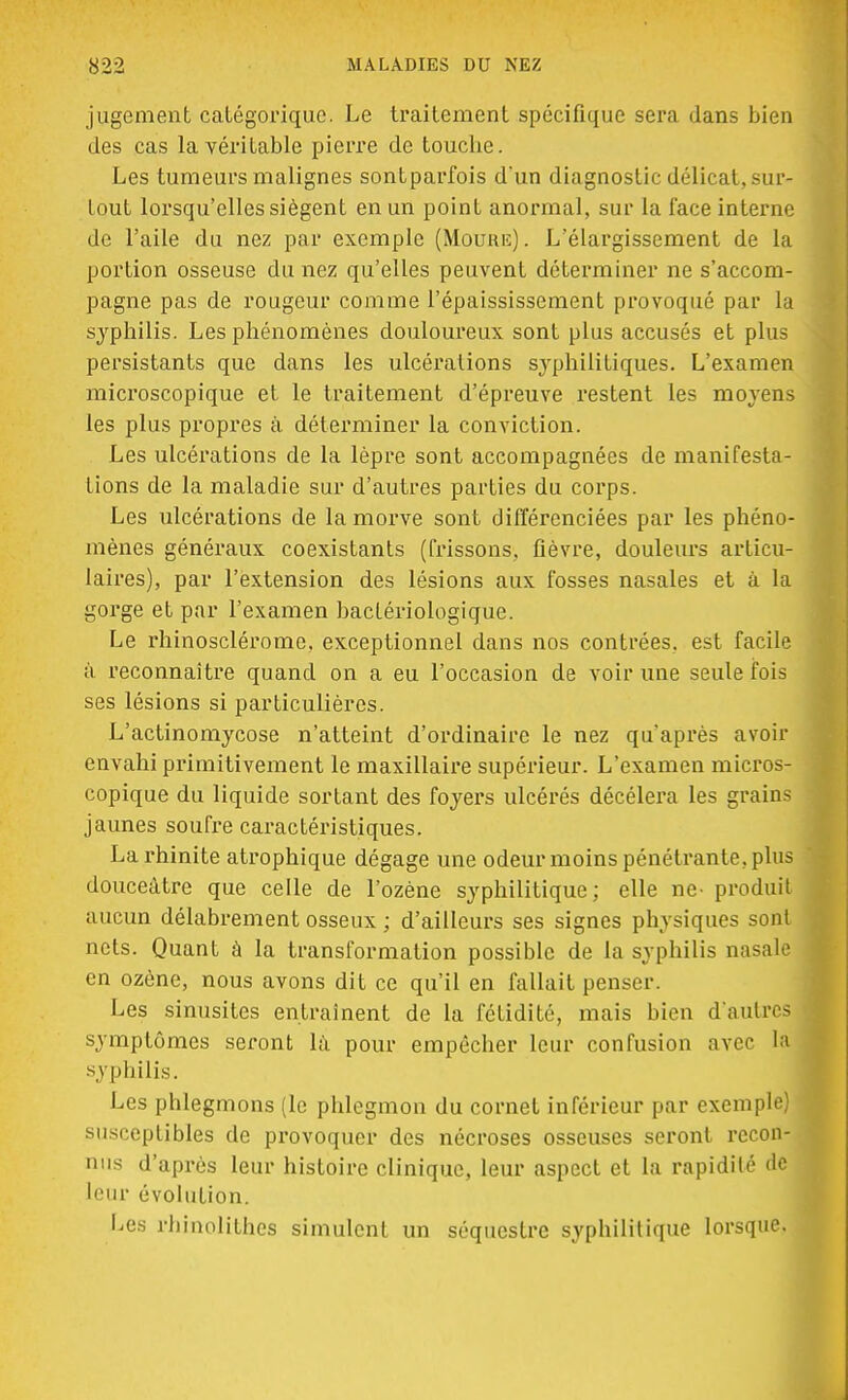 jugement catégorique. Le traitement spécifique sera dans bien des cas la véritable pierre de touche. Les tumeurs malignes sontparfois d*un diagnostic délicat, sur- tout lorsqu'elles siègent en un point anormal, sur la face interne de l'aile du nez par exemple (Mouhiî) . L'élargissement de la portion osseuse du nez qu'elles peuvent déterminer ne s'accom- pagne pas de rougeur comme l'épaississement provoqué par la syphilis. Les phénomènes douloureux sont plus accusés et plus persistants que dans les ulcérations syphilitiques. L'examen microscopique et le traitement d'épreuve restent les moyens les plus propres à déterminer la conviction. Les ulcérations de la lèpre sont accompagnées de manifesta- tions de la maladie sur d'autres parties du corps. Les ulcérations de la morve sont différenciées par les phéno- mènes généraux coexistants (frissons, fièvre, douleurs articu- laires), par l'extension des lésions aux fosses nasales et à la gorge et par l'examen bactériologique. Le rhinoselérome. exceptionnel dans nos contrées, est facile à reconnaître quand on a eu l'occasion de voir une seule fois ses lésions si particulières. L'actinomycose n'atteint d'ordinaire le nez qu'après avoir envahi primitivement le maxillaire supérieur. L'examen micros- copique du liquide sortant des foyers ulcérés décèlera les grains jaunes soufre caractéristiques. La rhinite atrophique dégage une odeur moins pénétrante, plus douceâtre que celle de l'ozène syphilitique; elle ne- produit aucun délabrement osseux ; d'ailleurs ses signes physiques sont nets. Quant à la transformation possible de la syphilis nasale en ozône, nous avons dit ce qu'il en fallait penser. Les sinusites entraînent de la fétidité, mais bien d'autres symptômes seront la pour empêcher leur confusion avec la syphilis. Les phlegmons (le phlegmon du cornet inférieur par exemple) susceptibles de provoquer des nécroses osseuses seront recon- nus d'après leur histoire clinique, leur aspect et la rapidité de leur évolution. Les rhinolithes simulent un séquestre syphilitique lorsque.