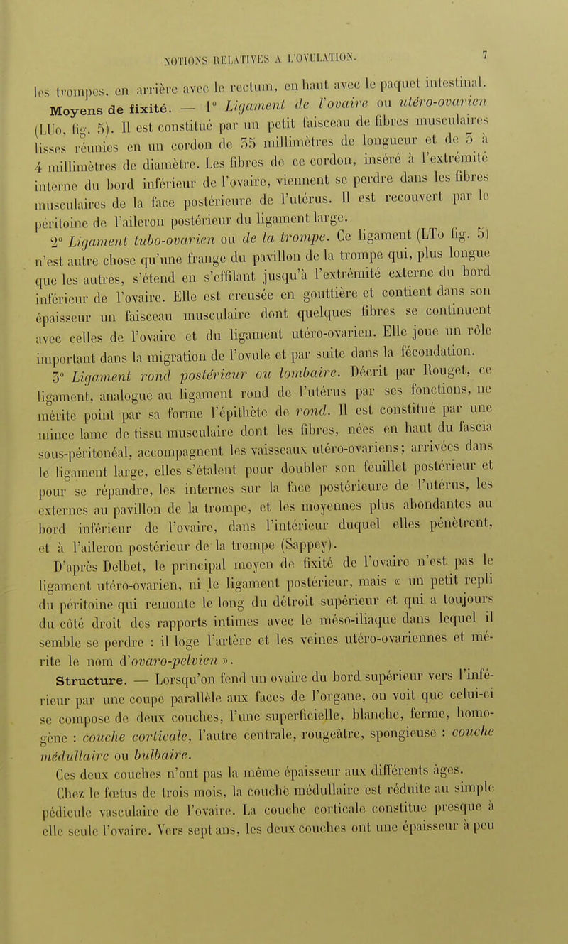 1rs trompes en arrière avec le rectum, enhaut avec le paquet intestinal. Moyens de fixité. - 1° Ligament de ïovaire ou utéro-ovcmcn (] Do B° 5). H est constitué par un petit faisceau de libres musculaires lis.,, réunies en un cordon de 55 millimètres de longueur et de 5 à 4 millimètres de diamètre. Les libres de ce cordon, inséré à l'extrémité interne du bord inférieur de l'ovaire, viennent se perdre dans les libres musculaires de la face postérieure de l'utérus. Il est recouvert par le péritoine de l'aileron postérieur du ligament large. 2° Ligament tubo-ovarien ou de la trompe. Ce ligament (LTo fig. 5) n'est autre chose qu'une frange du pavillon de la trompe qui, plus longue que les autres, s'étend en s'effilant jusqu'à l'extrémité externe du bord inférieur de l'ovaire. Elle est creusée en gouttière et contient dans son épaisseur un faisceau musculaire dont quelques fibres se continuent avec celles de l'ovaire et du ligament utéro-ovarien. Elle joue un rôle important dans la migration de l'ovule et par suite dans la fécondation. 5° Ligament rond postérieur ou lombaire. Décrit par Rouget, ce ligament, analogue au ligament rond de l'utérus par ses fonctions, ne mérite point par sa forme l'épithète de rond. Il est constitué par une mince lame de tissu musculaire dont les fibres, nées en haut du fascia sous-péritonéal, accompagnent les vaisseaux utéro-ovariens ; arrivées dans le ligament large, elles s'étalent pour doubler son feuillet postérieur et pour se répandre, les internes sur la face postérieure de l'utérus, les externes au pavillon de la trompe, et les moyennes plus abondantes au bord inférieur de l'ovaire, dans l'intérieur duquel elles pénètrent, Bt à l'aileron postérieur de la trompe (Sappey). D'après Delbet, le principal moyen de fixité de l'ovaire n'est pas le ligament utéro-ovarien, ni le ligament postérieur, mais « un petit repli du péritoine qui remonte le long du détroit supérieur et qui a toujours du côté droit des rapports intimes avec le méso-iliaque dans lequel il semble se perdre : il loge l'artère et les veines utéro-ovariennes et mé- rite le nom d'ovaro-pelvien ». Structure. — Lorsqu'on fend un ovaire du bord supérieur vers l'infé- rieur par une coupe parallèle aux faces de l'organe, on voit que celui-ci se compose de deux couches, l'une superficielle, blanche, ferme, bomo- aène : couche corticale, l'autre centrale, rougeâtre, spongieuse : couche médullaire ou bulbaire. Ces deux couches n'ont pas la même épaisseur aux différents âges. Chez le fœtus de trois mois, la couche médullaire est réduite au simple pédicule vasculaire de l'ovaire. La couche corticale constitue presque à elle seule l'ovaire. Vers sept ans, les deux couches ont une épaisseur à peu
