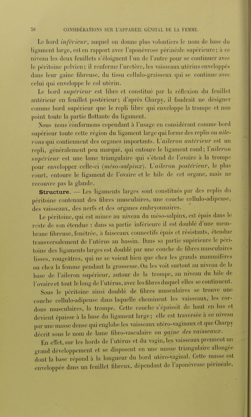 Le bord inférieur, auquel on donne plus volontiers le nom de base du ligament large, est en rapport avec l'aponévrose périnéale supérieure; à ce niveau les deux feuillets s'éloignent l'un de l'autre pour se continuer avec le péritoine pelvien; il renferme l'uretère, les vaisseaux utérins enveloppés dans leur gaine fibreuse, du tissu cellulo-graisseux qui se continue avec celui qui enveloppe le col utérin. Le bord supérieur est libre et constitué par la réflexion du feuillet antérieur en feuillet postérieur; d'après Charpy, il faudrait ne désigner comme bord supérieur que le repli libre qui enveloppe la trompe et non point toute la partie flottante du ligament. Nous nous conformons cependant à l'usage en considérant comme bord supérieur toute cette région du ligament large qui forme des replis ou aile- rons qui contiennent des organes importants. Vaileron antérieur est un repli, généralement peu marqué, qui entoure le ligament rond; Y aileron supérieur est une lame triangulaire qui s'étend de l'ovaire à la trompe pour envelopper ceUe-ci {méso-salpinx). L:aileron postérieur, le plus court, entoure le ligament de l'ovaire et le hilc de cet organe, mais ne recouvre pas la glande. Structure. — Les ligaments larges sont constitués par des replis du péritoine contenant des fibres musculaires, une couebe cellulo-adipeuse, des vaisseaux, des nerfs et des organes embryonnaires. Le péritoine, qui est mince au niveau du méso-salpinx, est épais dans le reste de son étendue : dans sa partie inférieure il est doublé d'une mem- brane fibreuse, fenêtrée, à faisceaux connectifs épais et résistants, étendue transversalement de l'utérus au bassin. Dans sa partie supérieure le péri- toine des ligaments larges est doublé par une couche de fibres musculaires lisses, rougeàtrcs, qui ne se voient bien que chez les grands mammifères ou chez la femme pendant la grossesse. On les voit surtout au niveau de la buse de l'aileron supérieur, autour de la trompe, au niveau du bile de l'ovaireet tout le long de l'utérus, avec les fibres duquel elles se continuent. Sous le péritoine ainsi doublé de fibres musculaires se trouve une couche cellulo-adipeuse dans laquelle cheminent les vaisseaux, les cor- dons musculaires, la trompe. Cette couche s'épaissit de haut en bas el devient épaisse à la base du ligament large; elle est traversée à ce niveau par une masse dense qui englobe les vaisseaux utéro-vaginaux et que Charpj décrit sous le nom de lame fibro-vasculaire ou gajne des vaisseaux. En effet, sur les bords de l'utérus et du vagin, les vaisseaux prennent un grand développement et se disposent en une masse triangulaire allongée dont la base répond h la longueur du bord utéro-vaginal. Cette masse est enveloppée dans un feuillet fibreux, dépendant de l'aponévrose périnéale,