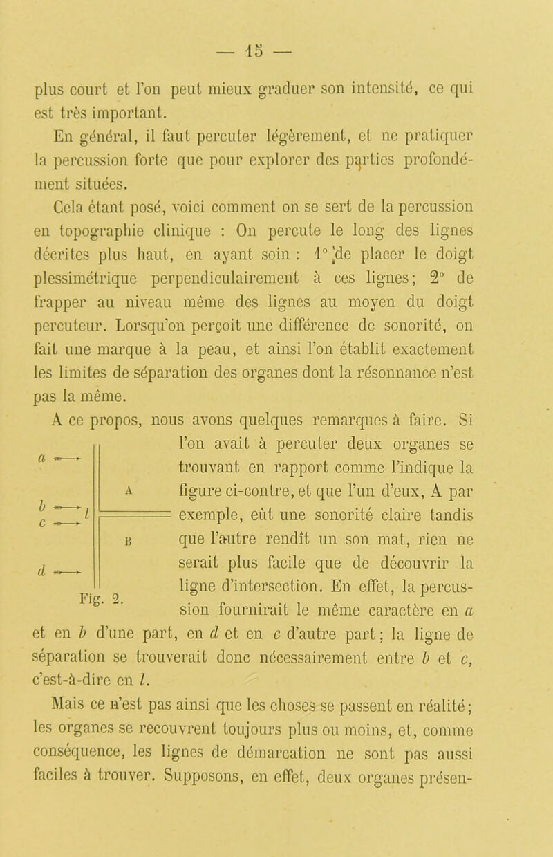 plus court et l’on peut mieux graduer son intensité, ce qui est très important. En général, il faut percuter légèrement, et ne pratiquer la percussion forte que pour explorer des parties profondé- ment situées. Cela étant posé, voici comment on se sert de la percussion en topographie clinique : On percute le long des lignes décrites plus haut, en ayant soin : 1° cle placer le doigt plessimétrique perpendiculairement à ces lignes; 2° de frapper au niveau même des lignes au moyen du doigt percuteur. Lorsqu’on perçoit une différence de sonorité, on fait une marque à la peau, et ainsi l’on établit exactement les limites de séparation des organes dont la résonnance n’est pas la même. A ce propos, nous avons quelques remarques à faire. Si l’on avait à percuter deux organes se trouvant en rapport comme l’indique la figure ci-contre, et que l’un d’eux, À par = exemple, eût une sonorité claire tandis que l’autre rendît un son mat, rien ne serait plus facile que de découvrir la ligne d’intersection. En effet, la percus- sion fournirait le même caractère en a et en b d’une part, en cl et en c d’autre part; la ligne de séparation se trouverait donc nécessairement entre b et c, c’est-à-dire en l. Mais ce n’est pas ainsi que les choses se passent en réalité; les organes se recouvrent toujours plus ou moins, et, comme conséquence, les lignes de démarcation ne sont pas aussi faciles à trouver. Supposons, en effet, deux organes présen- Fig. 2.