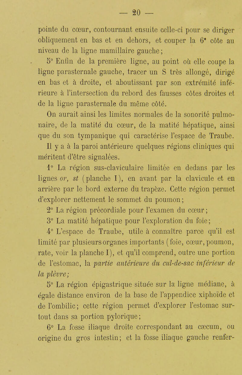 pointe du cœur, contournant ensuite celle-ci pour se diriger obliquement en bas et en dehors, et couper la 6* côte au niveau de la ligne mamillaire gauche; 5° Enfin de la première ligne, au point où elle coupe la ligne parasternale gauche, tracer un S très allongé, dirigé en bas et à droite, et aboutissant par son extrémité infé- rieure à l’intersection du rebord des fausses côtes droites et de la ligne parasternale du môme côté. On aurait ainsi les limites normales de la sonorité pulmo- naire, de la matité du cœur, de la matité hépatique, ainsi que du son tympanique qui caractérise l’espace de Traube. Il y a à la paroi antérieure quelques régions cliniques qui méritent d’être signalées. 1° La région sus-claviculaire limitée en dedans par les lignes or, st (planche I), en avant par la clavicule et en arrière par le bord externe du trapèze. Cette région permet d’explorer nettement le sommet du poumon ; 2° La région précordiale pour l’examen du cœur ; 3° La matité hépatique pour l’exploration du foie; 4° L’espace de Traube, utile à connaître parce qu’il est limité par plusieurs organes importants (foie, cœur, poumon, rate, voir la planche I), et qu’il comprend, outre une portion de l’estomac, la partie antérieure du cul-de-sac inférieur de la plèvre; 5° La région épigastrique située sur la ligne médiane, à égale distance environ de la base de l’appendice xiphoïde et de l’ombilic ; cette région permet d’explorer l’estomac sur- tout dans sa portion pylorique; 6° La fosse iliaque droite correspondant au cæcum, ou origine du gros intestin; et la fosse iliaque gauche renfer-