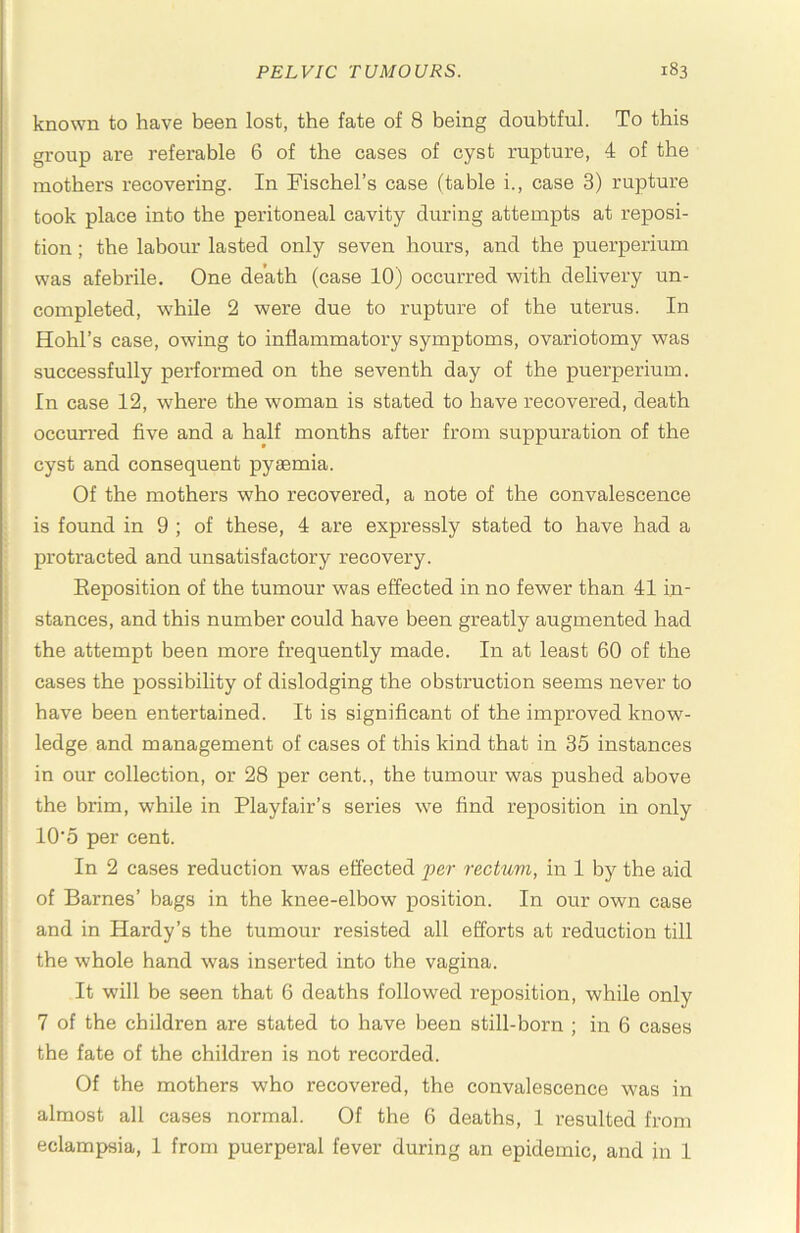 known to have been lost, the fate of 8 being doubtful. To this group are referable 6 of the cases of cyst rupture, 4 of the mothers recovering. In Fischel’s case (table i., case 3) rupture took place into the peritoneal cavity during attempts at reposi- tion ; the labour lasted only seven hours, and the puerperium was afebrile. One death (case 10) occurred with delivery un- completed, while 2 were due to rupture of the uterus. In Hohl’s case, owing to inflammatory symptoms, ovariotomy was successfully performed on the seventh day of the puerperium. In case 12, where the woman is stated to have recovered, death occun’ed five and a half months after from suppuration of the cyst and consequent pyaemia. Of the mothers who recovered, a note of the convalescence is found in 9 ; of these, 4 are expressly stated to have had a protracted and unsatisfactory recovery. Eeposition of the tumour was effected in no fewer than 41 in- stances, and this number could have been greatly augmented had the attempt been more frequently made. In at least 60 of the cases the possibility of dislodging the obstruction seems never to have been entertained. It is significant of the improved know- ledge and management of cases of this kind that in 35 instances in our collection, or 28 per cent., the tumour was pushed above the brim, while in Playfair’s series we find reposition in only 10‘5 per cent. In 2 cases reduction was effected per rectum, in 1 by the aid of Barnes’ bags in the knee-elbow position. In our own case and in Hardy’s the tumour resisted all efforts at reduction till the whole hand was inserted into the vagina. It will be seen that 6 deaths followed reposition, while only 7 of the children are stated to have been still-born ; in 6 cases the fate of the children is not recorded. Of the mothers who recovered, the convalescence was in almost all cases normal. Of the 6 deaths, 1 resulted from eclampsia, 1 from puerperal fever during an epidemic, and in 1