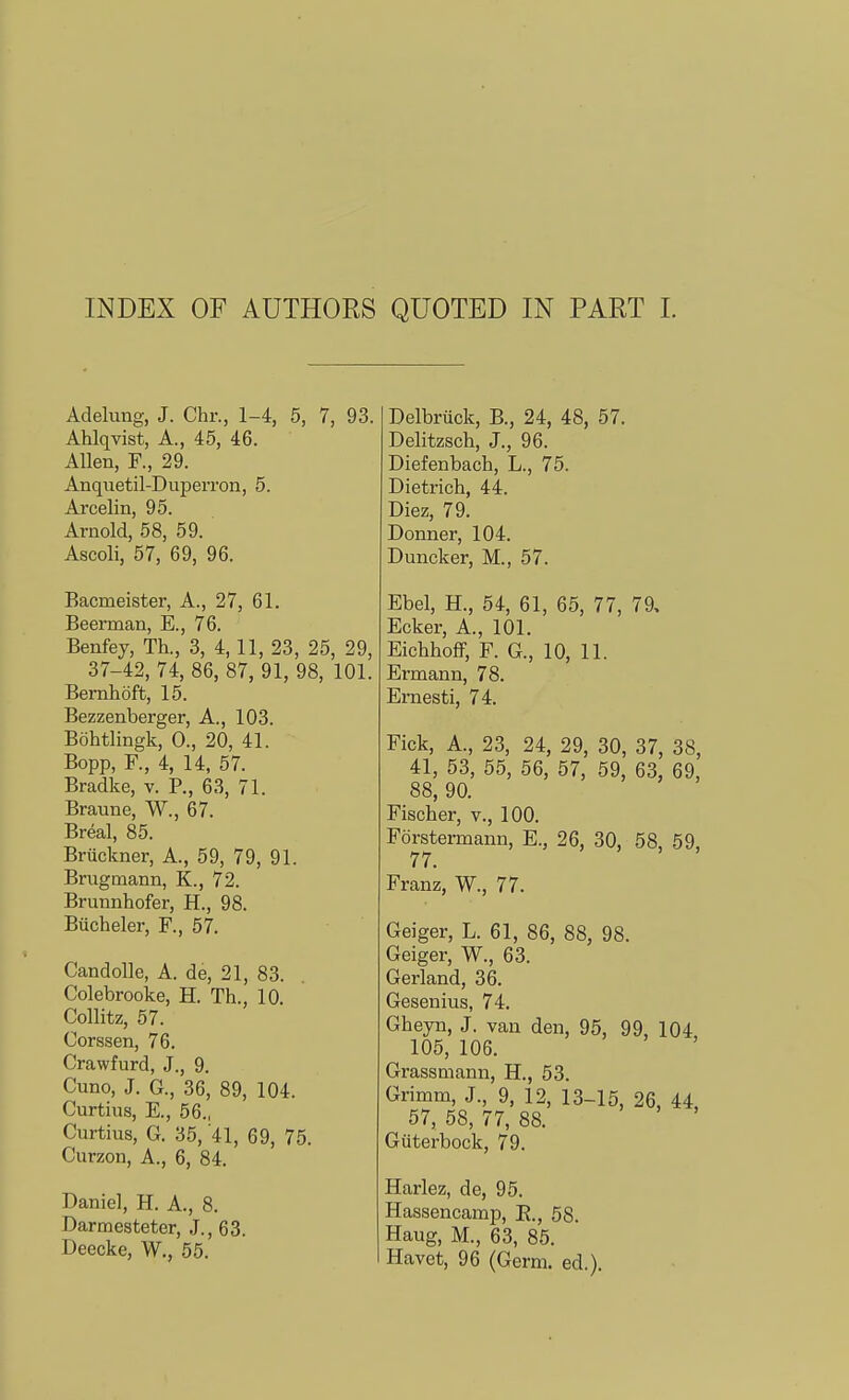 INDEX OF AUTHORS QUOTED IN PART I. Adekmg, J. Chr., 1-4, 5, 7, 93. Ahlqvist, A., 45, 46. Allen, F., 29. Anquetil-DupeiTon, 5. Arcelin, 95. Arnold, 58, 59. Ascoli, 57, 69, 96. Bacmeister, A., 27, 61. Beerman, E., 76. Benfey, Th., 3, 4,11, 23, 25, 29, 37-42, 74, 86, 87, 91, 98, 101. Bernhoft, 15. Bezzenberger, A., 103. Bohtlingk, 0., 20, 41. Bopp, F., 4, 14, 57. Bradke, v. P., 63, 71. Braune, W., 67. Breal, 85. Bruckner, A., 59, 79, 91. Brugmann, K., 72. Brunnhofer, H., 98. Biicheler, F., 57. Candolle, A. de, 21, 83. Colebrooke, H. Th., 10. Collitz, 57. Corssen, 76. Crawfurd, J., 9. Cuno, J. G., 36, 89, 104. Curtius, E., 56., Curtius, G. 35, '41, 69, 75. Curzon, A., 6, 84. Daniel, H. A., 8. Darmesteter, J., 63. Deecke, W., 55. Delbruck, B., 24, 48, 57. Delitzsch, J., 96. Diefenbach, L., 75. Dietrich, 44. Diez, 79. Donner, 104. Duncker, M., 57. Ebel, H., 54, 61, 65, 77, 79, Ecker, A., 101. Eichhoff, F. G., 10, 11. Ermann, 78. Ernesti, 74. Fick, A., 23, 24, 29, 30, 37, 38, 41, 53, 55, 56, 57, 59, 63, 69, 88, 90. Fischer, v., 100. Forstermann, E., 26, 30, 58, 59, 77. Franz, W., 77. Geiger, L. 61, 86, 88, 98. Geiger, W., 63. Gerland, 36. Gesenius, 74. Gheyn, J. van den, 95, 99, 104 105, 106. Grassmann, H., 53. Grimm, J., 9, 12, 13-15, 26, 44, 57, 58, 77, 88. Giiterbock, 79. Harlez, de, 95. Hassencamp, E., 58. Haug, M., 63, 85. Havet, 96 (Germ. ed.).