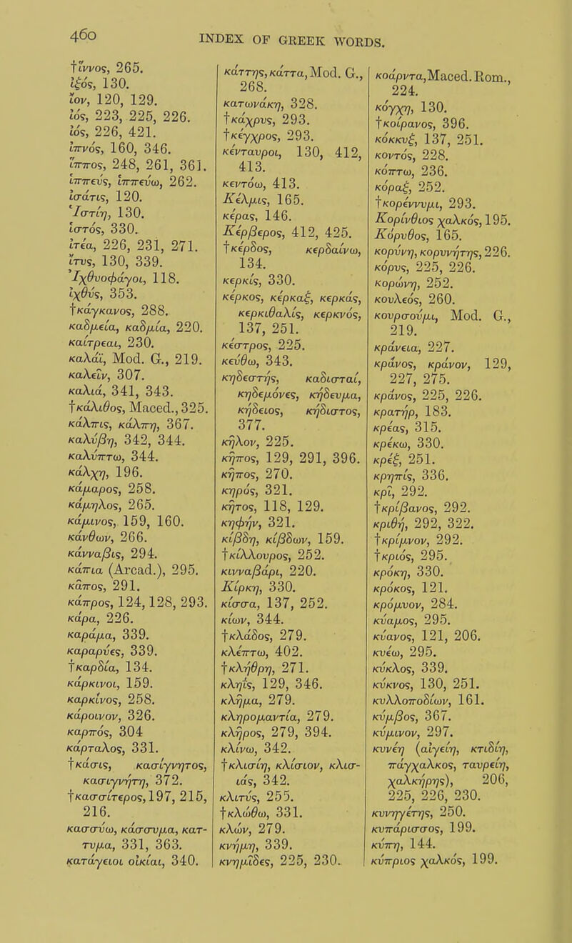 ttwos, 265, ii6^, 130. ?ov, 120, 129. to's, 223, 225, 226. Jos, 226, 421. lirvos, 160, 346. iWos, 248, 261, 361. tiTTrevs, I7r7rei;a), 262. lo-art?, 120. 'I(TTCrj, 130. ICTTOS, 330. Iria, 226, 231, 271. iTus, 130, 339. IxOvocfidyot, 118. ^X^i^'s, 353. fKay/cavos, 288. KaSfieM, KaSfjLLa, 220. Katrpeai, 230. AcaAat, Mod. G., 219. /caXetv, 307. KaAta, 341, 343. t/coAt^os, Maced.,325. /caXTTt?, KoXirq, 367. /caA.i;'^,7, 342, 344. /coAwTo), 344. fttyLiapos, 258. KoifjirjXos, 265. Jca/Aivos, 159, 160. KavOdiv, 266. Koivva/SLs, 294. /cttTTia (Ai'cad.), 295. Kawos, 291. /cttTrpos, 124,128, 293. Kapa, 226. Kapdfxa, 339. Kapapves, 339. fKapSta, 134. KapKiVOL, 159. KapKLVO^, 258. Kapoivov, 326. Kapiros, 304 KapraAos, 331. txao-ts, KaaiyvrjTO'S, Kaa-LyvrjTr], 372. t/cao-o-trepos, 197, 215, 216. Kacroi5to, Kacrcrvfjia, Kar- TVjxa, 331, 363. KardyeioL oIkLm, 340. KaTT7ys,KaTTa,Mod. G., 268. KaT(x)va.Krj, 328. tKa;)(pw, 293. t/c€7XP°s, 293. Kevravpoi, 130, 412, 413. /cevTow, 413. /iTeV?, 165. Ktpa?, 146. Kep/3epo?, 412, 425. t^epSos, KepSatvo), 134. KepKLS, 330. /cepKOs, K€pKa$, /cep/ca?, KcpKLOakis, Kcp/cvos, 137, 251. KecTTpos, 225. Kei;^a), 343. KT^Secrn??, /caSio-rat, Kr)8ep.6ve<;, KT^8evfj.a, KT^SetOS, KI/SlCTTO?, 377. KT7Aov, 225. K^TTos, 129, 291, 396. K^TTO?, 270. KT^pOS, 321. K^Tos, 118, 129. Krj<f>rjv, 321. Kt/3Srj, KtySSoJV, 159. fKt'AAotipos, 252. KLvva/3dpi, 220. KipKT), 330. KicrtTa, 137, 252. /ctcov, 344. t/cAaSos, 279. /cAeTTTO), 402. fKXrjOprj, 271. KAryfs, 129, 346. kXtj/jlu, 279. KXrjpofjLavTLa, 279. kA^Pos, 279, 394. kAiVo), 342. f/cAtcrtT;, kXiotiov, kAict- las, 342. kAitu?, 255. IkAw^o), 331. kAwv, 279. KV)]/J.rj, 339. KvrjiJilSes, 225, 230. I Koapi/Ta,Maced. Rom., 224. Koyxr], 130. fKoipavos, 396. KO/CKV^, 137, 251. /covTos, 228. KOTTTW, 236. Kopa^, 252. jKopevvvpi, 293. KopwOiog x^Xko^, 195. K6pv6o<;, 165. KOpvvq, KOpVV^TTj^, 226. Kopt;?, 225, 226. Kopmvrj, 252. kodAco?, 260. Kovpa-ovjxi., Mod. G., 219. Kpdveia, 227. /cpuvo?, Kpdvov, 129, 227, 275. /cpc(j/os, 225, 226. KpaTrjp, 183. Kpeas, 315. KpCKO), 330. Kp£^, 251. KprjTTtq, 336. Kpr, 292. t/cpt/3avos, 292. Kpi^i 292, 322. ^KpLjJiVOV, 292. fKpios, 295. KpOKT], 330. KpOKO?, 121. KpO/MVOV, 284. Kvap,o<;, 295. /fJavo?, 121, 206. Kreo), 295. KvxAo?, 339. /cvKvos, 130, 251. /CDAAoTToStOJV, 161. kv/jl/So?, 367. KVfJLLVOV, 297. KvveT] {aiyely], KTi^L-q, Trayp^aA/cos, ravpeir], XaXKrjpr]?), 206, 225, 226, 230. Kvvrjyirr]^ 250. 199. 144. KVTTpLO'; p^aAKo?, 199.