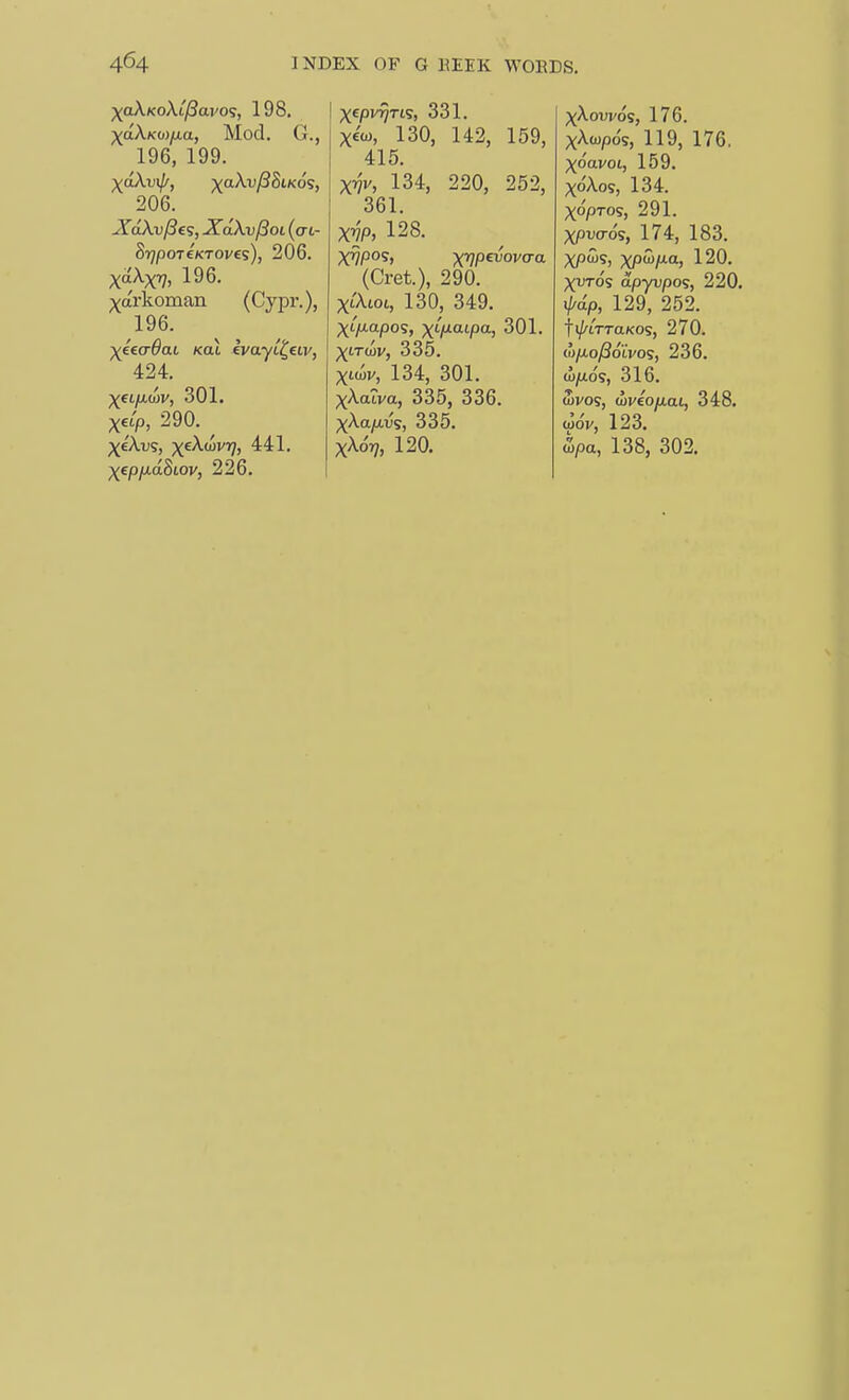 )(aXKo\L^avo<s, 198. ^aAxw/xa, Mod. G., 196, 199. 206. SrjpoTeKTOve's), 206. XaXxi?, 196. Xarkoman (Cypr.), 196. 424. )(flfUj3V, 301. X€/p, 290. ^ XeAu?, )(^eXwvr], 441. Xep/AttSiov, 226. Xepv^Ti?, 331. X£<^, 130, 142, 159, 415. X^v, 134, 220, 252, 361. Xm 128. X^po?, xrjpeL>ov(Ta (Cret.), 290. XtAioi, 130, 349. Xt/J-apo?, xtV^'P*^) 301. XtTaji/, 335. Xtoiv, 134, 301. xAaiva, 335, 336. xAa/xvs, 335. xAoi?, 120. xAowos, 176. xA(o/3os, 119, 176, XoavoL, 159. X0A05, 134. XopTo<s, 291. Xpvo-os, 174, 183. XP^j, XP^fia, 120. XUTo's apyvpog, 220. ^ap, 129, 252. fij/LTTaKO';, 270. o)fiol3oivo';, 236. to/xo9, 316. ojvos, wveofiai, 348. 0)0 V, 123. Jlpa, 138, 302.