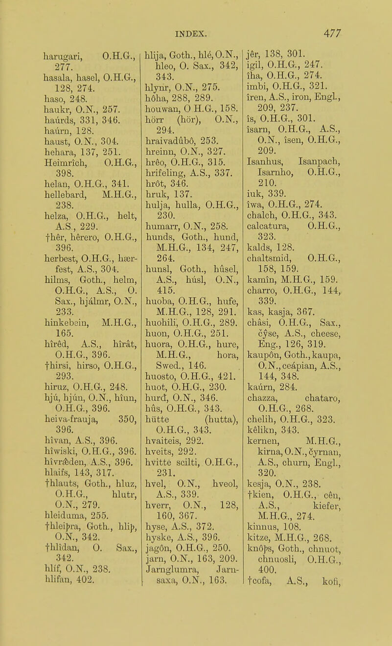 harugari, O.H.G., 277. hasala, hasel, O.H.G., 128, 274. haso, 248. haukr, O.N., 257. haiircls, 331, 346. haurn, 128. haust, O.N., 304. hehara, 137, 251. Heimrich, O.H.G., 398. helan, O.H.G., 341. heUebard, M.H.G.. 238. helza, O.H.G., belt, A.S., 229. fhSr, herero, O.H.G., 396. herbest, O.H.G., liser- fest, A.S., 304. hilms, Goth., helm, O.H.G., A.S., 0. Sax., hjalmr, O.N., 233. hinkebein, M.H.G., 165. hired, A.S., hirat, O.H.G., 396. fhirsi, hirso, O.H.G., 293 hiruz, O.H.G., 248. hjii, hjun, O.N., hiun, O.H.G., 396. heiva-frauja, 350, 396. hivan, A.S., 396. hiwiski, O.H.G., 396. hivrMen, A.S., 396. hlaifs, 143, 317. fhlauts, Goth., hluz, O.H.G., hlutr, O.N., 279. hleiduma, 255. thleifra, Goth., hh]), O.N., 342, fhlidan, 0. Sax., 342. hlif, O.N., 238. hlifan, 402. hlija, Goth.,hl6,O.N., hleo, 0. Sax., 342, 343. hlynr, O.N., 275. hoha, 288, 289. houwan, 0 H.G., 158. horr (hor), O.N., 294. hraivadubS, 253. hreinn, O.N., 327. hrSo, O.H.G., 315. hrifeling, A.S., 337. hrot, 346. hruk, 137. hulja, bulla, O.H.G., 230. humarr, O.K, 258. bunds, Goth., bund, M.H.G., 134, 247, 264. hunsl, Goth., husel, A.S., hiisl, O.N., 415. huoba, O.H.G., hiife, M.H.G., 128, 291. huohili, O.H.G., 289. huon, O.H.G., 251. buora, O.H.G., hure, M.H.G., bora, Swed., 146. buosto, O.H.G., 421. buot, O.H.G., 230. hurd, O.N., 346. bus, O.H.G., 343. btitte (hutta), O.H.G., 343. hvaiteis, 292. hveits, 292. bvitte scilti, O.H.G., 231. hvel, O.N., hveol, A.S., 339. hverr, O.N., 128, 160, 367. hyse, A.S., 372. byske, A.S., 396. jagfin, O.H.G., 250. jarn, O.N., 163, 209. Jaraglumra, Jarn- saxa, O.N., 163. jSr, 138, 301. igil, O.H.G., 247. iba, O.H.G., 274. imbi, O.H.G., 321. iren, A.S., iron, Engl., 209, 237. is, O.H.G., 301. isarn, O.H.G., A.S., O.N., isen, O.H.G., 209. Isanhus, Isanpacb, Isarnbo, O.H.G., 210. iuk, 339. iwa, O.H.G., 274. cbalcb, O.H.G., 343. calcatura, O.H.G., 323. kalds, 128. cbaltsmid, O.H.G., 158, 159. kamin, M.H.G., 159. charro, O.H.G., 144, 339. kas, kasja, 367. chasi, O.H.G., Sax., cyse, A.S., cheese, Eng., 126, 319. kaupon, Goth.,kaupa, O.N.,ceapian, A.S., 144, 348. kaiirn, 284. chazza, chataro, O.H.G., 268. chelih, O.H.G., 323. k^likn, 343. kernen, M.H.G., kirna,O.N.,^yrnan, A.S., churn, Engl., 320. kesja, O.N., 238.' fkien, O.H.G., c^u, A.S., kiefer, M.H.G., 274. kinnus, 108. kitze, M.H.G., 268. knoj's, Goth., chnuot, chnaosli, O.H.G., 400. tcofa, A.S., kofi,