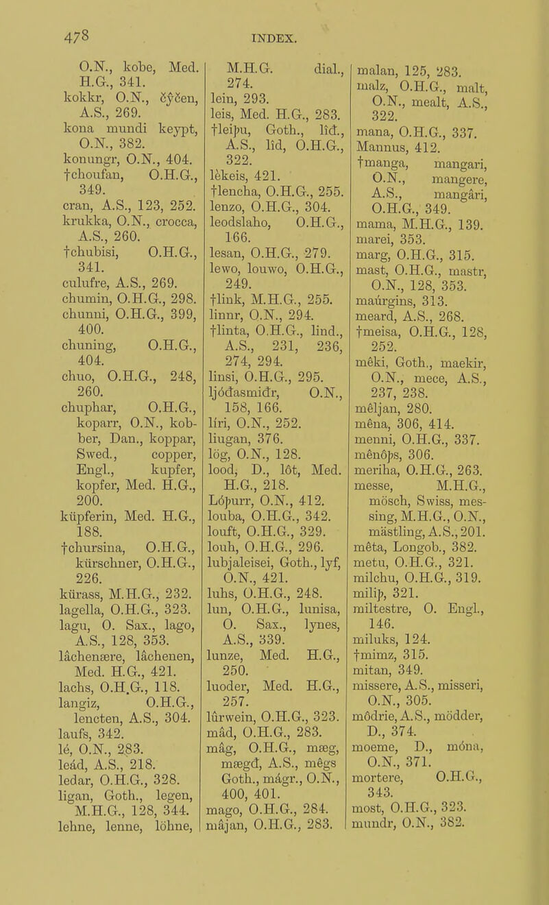 O.N., kobe, Med. H.G., 341. kokkr, O.K, 2y6en, A.S., 269. kona mundi keypt, O.N., 382. konungr, O.N., 404. fchoufan, O.H.G., 349. cran, A.S., 123, 252. krukka, O.N., crocca, A.S., 260. tchubisi, O.H.G., 341. ciilufre, A.S., 269. chumin, O.H.G., 298. chunui, O.H.G., 399, 400. chuning, O.H.G., 404. chuo, O.H.G., 248, 260. chuphar, O.H.G., koparr, O.N., kob- ber, Dan., koppar, Swed., copper, Engl., kupfer, kopfer, Med. H.G., 200. kupferin, Med. E.G., 188. fcbursina, O.H.G., kiirschner, O.H.G., 226. kiirass, M.H.G., 232. lagella, O.H.G., 323. lagu, 0. Sax., lago, A.S., 128, 353. lacbentere, lacbenen, Med. H.G., 421. lacbs, O.H.G., 118. langiz, O.H.G., lencten, A.S., 304. laufs, 342. le, O.N., 2.83. ledd, A.S., 218. ledar, O.H.G., 328. ligan, Goth., legen, M.H.G., 128, 344. lehne, lenne, lobne. M.H.G. dial., 274. loin, 293. leis, Med. E.G., 283. fleijju, Goth., lid., A.S., lid, O.H.G., 322. Meis, 421. tlencba, O.H.G., 255. lenzo, O.H.G., 304. leodslabo, O.H.G., 166. lesan, O.H.G., 279. lewo, louwo, O.H.G., 249. fliuk, M.H.G., 255. linnr, O.N., 294. flinta, O.H.G., lind., A.S., 231, 236, 274, 294. linsi, O.H.G., 295. Ij6dasmidr, O.N., 158, 166. liri, O.N., 252. liugan, 376. log, O.N., 128. lood, D., I6t, Med. H.G., 218. L6)mrr, O.N., 412. louba, O.H.G., 342. louft, O.H.G., 329. louh, O.H.G., 296. lubjaleisei, Goth., lyf, O.N., 421. lubs, O.H.G., 248. lun, O.H.G., lunisa, O. Sax., lynes, A.S., 339. lunze, Med. H.G., 250. luoder, Med. E.G., 257. lurwein, O.H.G., 323. mad, O.H.G., 283. mkg, O.H.G., ma3g, msegd, A.S., megs Goth., magr., O.N., 400, 401. mago, O.H.G., 284. majan, O.H.G., 283. malan, 125, 283. malz, O.H.G., malt, O.N., mealt, A.S., 322. mana, O.H.G., 337. Mannus, 412. fmauga, mangari, O.N., mangere, A.S., mangari, O.H.G., 349. mama, M.H.G., 139. marei, 353. marg, O.H.G., 315. mast, O.H.G., mastr, O.N., 128, 353. maiii-gins, 313. meard, A.S., 268. tmeisa, O.H.G., 128, 252. meki, Goth., maekir, O.N., mece, A.S., 237, 238. meljan, 280. m6ua, 306, 414. menni, O.H.G., 337. men6]?s, 306. meriha, O.H.G., 263. messe, M.H.G., mosch, Swiss, mes- sing, M.H.G.O.K, mastling,A.S.,201. mSta, Longob., 382. metu, O.H.G., 321. milchu, O.H.G., 319. mili]>, 321. miltestre, 0. Engl., 146. miluks, 124. fmimz, 315. mitan, 349. missere, A.S., misseri, O.N., 305. m6drie,A.S., mddder, D., 374. moeme, D., m6nrt, O.N., 371. moi'tere, O.H.G., 343. most, O.H.G., 323. muudr, O.N., 382.