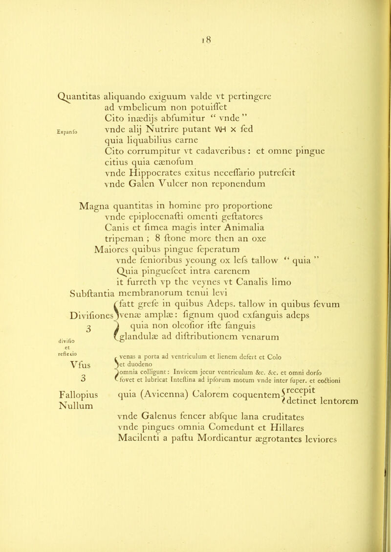 Quantitas aliquando exiguum valde vt pertingere ad vmbelicum non potuiffet Cito ingedijs ablumitur “ vndc ” Expanfo vnde alij Nutrire putant V\H x fed quia liquabilius carne Cito corrumpitur vt cadavcribus: et omne pingue citius quia casnofum vnde Hippocrates exitus ncceifario putrefcit vnde Galen Vulcer non reponendum Magna quantitas in homine pro proportione vnde epiplocenafti omenti geftatores Canis et fimea magis inter Animalia tripeman ; 8 ftone more then an oxe Maiorcs quibus pingue feperatum vnde fenioribus ycoung ox lefs tallow “ quia ” Quia pinguefcet intra carcncm it furrcth vp the veynes vt Canalis limo Subftantia membranorum tenui levi f fatt grefe in quibus Adcps. tallow in quibus fevum D ivifionesjvenas amplas: fignum quod exfanguis adeps divifio et refletio Vfus 3 Fallopius Nullum quia non oleofior ifte fanguis glandulae ad diftributionem venarum venas a porta ad ventriculum et lienent dcfert et Colo jet duodeno }omnia colligunt: Invicem jecur ventriculum &c. Scc. et omni dorfo - fovet et lubricat Inteftina ad ipforum motum vnde inter fuper. et co&ioni quia (Avicenna) Calorem coquentem^ lentorem vnde Galenus fencer abfque lana cruditates vnde pingues omnia Comedunt et Hillares Macilenti a paftu Mordicantur asgrotantcs leviores