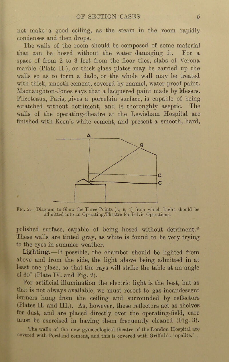 not make a good ceiling, as the steam in the room rapidly condenses and then drops. The walls of the room should be composed of some material that can be hosed without the water damaging it. For a space of from 2 to 3 feet from the floor tiles, slabs of Verona marble (Plate II.), or thick glass plates may be carried up the walls so as to form a dado, or the whole wall may be treated with thick, smooth cement, covered by enamel, water proof paint. Macnaughton-Jones says that a lacquered paint made by Messrs. Flicoteaux, Paris, gives a porcelain surface, is capable of being scratched without detriment, and is thoroughly aseptic. The walls of the operating-theatre at the Lewisham Hospital are finished with Keen’s white cement, and present a smooth, hard, A Fig. 2.—Diagram to Show the Three Points (a, b, c) from which Light should be admitted into an Operating-Theatre for Pelvic Operations. polished surface, capable of being hosed without detriment.* These walls are tinted gray, as white is found to be very trying to the eyes in summer weather. Lig'hting’.—If possible, the chamber should be lighted from above and from the side, the light above being admitted in at least one place, so that the rays will strike the table at an angle of 60° (Plate IV. and Fig. 2). For artificial illumination the electric light is the best, but as that is not always available, we must resort to gas incandescent burners hung from the ceiling and surrounded by reflectors (Plates II. and III.). As, however, these reflectors act as shelves for dust, and are placed directly over the operating-field, care must be exercised in having them frequently cleaned (Fig. 3). The walls of the new gynaecological theatre of the London Hospital are covered with Portland cement, and this is covered with Griffith’s ‘ opalite.’