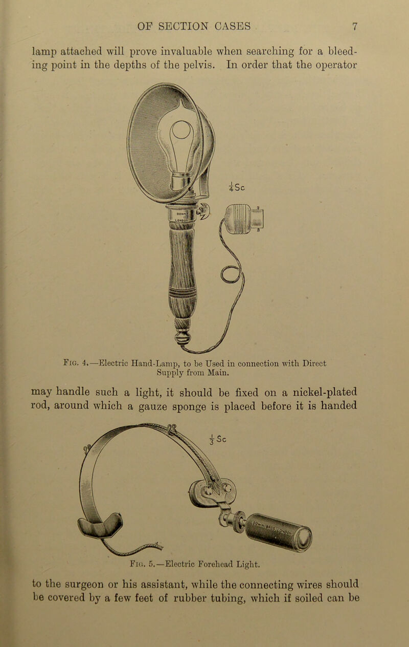 lamp attached will prove invaluable when searching for a bleed- ing point in the depths of the pelvis. In order that the operator Flu. 5.—Electric Forehead Light. to the surgeon or his assistant, while the connecting wires should be covered by a few feet of rubber tubing, which if soiled can be may handle such a light, it should be fixed on a nickel-plated rod, around which a gauze sponge is placed before it is handed Fig. 4.—Electric Hand-Lamp, to be Used in connection with Direct Supply from Main.
