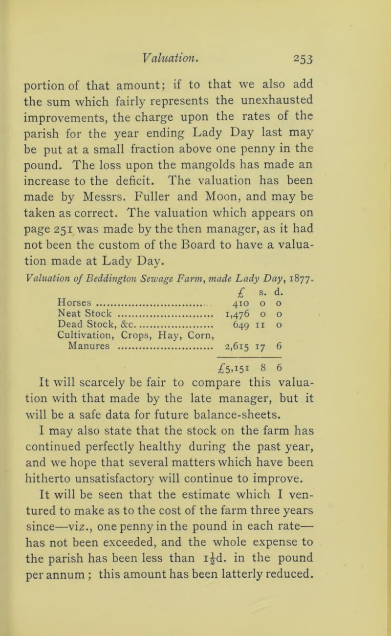 portion of that amount; if to that we also add the sum which fairly represents the unexhausted improvements, the charge upon the rates of the parish for the year ending Lady Day last may be put at a small fraction above one penny in the pound. The loss upon the mangolds has made an increase to the deficit. The valuation has been made by Messrs. Fuller and Moon, and may be taken as correct. The valuation which appears on page 251 was made by the then manager, as it had not been the custom of the Board to have a valua- tion made at Lady Day. Valuation of Beddington Sewage Farm, made Lady Day, 1877. £ s. d. Horses 410 o o Neat Stock i>476 o o Dead Stock, &c 649 ii o Cultivation, Crops, Hay, Corn, Manures 2,615 17 6 It will scarcely be fair to compare this valua- tion with that made by the late manager, but it will be a safe data for future balance-sheets. I may also state that the stock on the farm has continued perfectly healthy during the past year, and we hope that several matters which have been hitherto unsatisfactory will continue to improve. It will be seen that the estimate which I ven- tured to make as to the cost of the farm three years since—viz., one penny in the pound in each rate— has not been exceeded, and the whole expense to the parish has been less than i|d. in the pound per annum ; this amount has been latterly reduced.