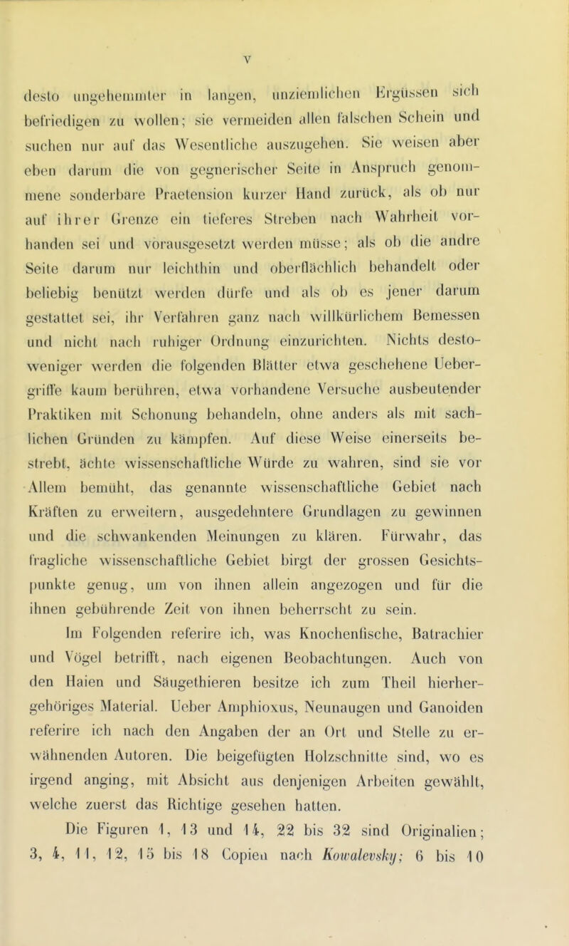 desto unggfaemiMÖf in langem unziemlichen Ergüssen sich befriedigen zu wollen; sie vermeiden allen falschen Schein und suchen nur auf das Wesentliche auszugehen. Sie weisen aber eben darum die von gegnerischer Seite in Anspruch genom- mene sonderbare Praetension kurzer Hand zurück, als ob nur auf ihrer Grenze ein tieferes Streben nach Wahrheit vor- handen sei und vorausgesetzt werden müsse; als ob die andre Seite darum nur leichthin und oberflächlich behandelt oder beliebig benützt werden dürfe und als ob es jener darum gestattet sei, ihr Verfahren ganz nach willkürlichem Bemessen und nicht nach ruhiger Ordnung einzurichten. Nichts desto- weniger werden die folgenden Blatter etwa geschehene Ueber- gritl'e kaum berühren, etwa vorhandene Versuche ausbeutender Praktiken mit Schonung behandeln, ohne anders als mit sach- lichen Gründen zu kämpfen. Auf diese Weise einerseits be- stiebt, achte wissenschaftliche Würde zu wahren, sind sie vor Allem bemüht, das genannte wissenschaftliche Gebiet nach Kräften zu erweitern, ausgedehntere Grundlagen zu gewinnen und die schwankenden Meinungen zu klären. Fürwahr, das fragliche wissenschaftliche Gebiet birgt der grossen Gesichts- punkte genug, um von ihnen allein angezogen und für die ihnen gebührende Zeit von ihnen beherrscht zu sein. Im Folgenden referire ich, was Knochenfische, Batrachier und Vögel betrifft, nach eigenen Beobachtungen. Auch von den Haien und Säugethieren besitze ich zum Theil hierher- gehöriges Material. Ueber Amphioxus, Neunaugen und Ganoiden referire ich nach den Angaben der an Ort und Stelle zu er- wähnenden Autoren. Die beigefügten Holzschnitte sind, wo es irgend anging, mit Absicht aus denjenigen Arbeiten gewählt, welche zuerst das Richtige gesehen hatten. Die Figuren 1,13 und 14, 22 bis 32 sind Originalien; 3, 4, M, 12, 15 bis 18 Copien nach Koivalevsky; 6 bis 10