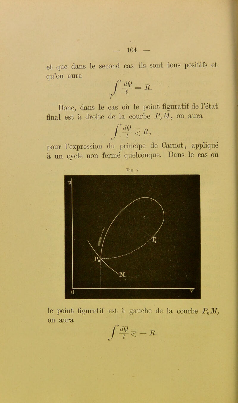 et que dans le second cas ils sont tous positifs et qu'on aura r Donc, dans le cas où le point figuratif de l'état final est h droite de la courbe P^M, on aura pour l'expression du principe de Camot, appliqué à un cycle non fermé quelconque. Dans le cas où r-ifj. 7. le point figuratif est à gauche de la courbe PqM, on aura