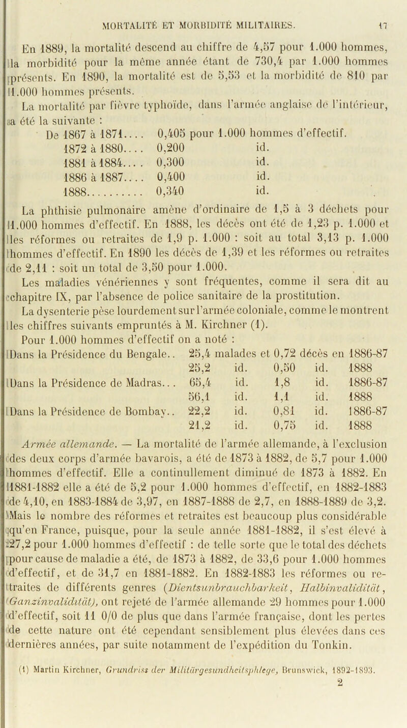 En 1889, la mortalité descend au chiffre de 4,57 pour 1.000 hommes, lia morbidité pour la môme année étant de 730,4 par 1.000 hommes iprésents. En 1890, la mortalité est de 5,53 et la morbidité de 810 par 11.000 hommes présents. La mortalité par fièvre typhoïde, dans rarmée anglaise de l’intérieur, lia été la suivante : De 1867 à 1871... 0,405 pour 1.000 hommes d’effectif. 1872 à 1880... 0,200 id. 1881 à 1884... 0,300 id. 1886 à 1887... 0,400 id. 1888 0,340 id. La phthisie pulmonaire amène d’ordinaire de 1,5 à 3 déchets pour 11.000 hommes d’effectif. En 1888, les décès ont été de 1,23 p. 1.000 et Iles réformes ou retraites de 1,9 p. 1.000 : soit au total 3,13 p. 1.000 thomrnes d’effectif. En 1890 les décès de 1,39 et les réformes ou retraites ede 2,11 ; soit un total de 3,50 pour 1.000. Les maladies vénériennes y sont fréquentes, comme il sera dit au ('Chapitre IX, par l’absence de police sanitaire de la prostitution. La dysenterie pèse lourdement sur l’armée coloniale, comme le montrent lies chiffres suivants empruntés à M. Kirchner (1). Pour 1.000 hommes d’effectif on a noté : IDans la Présidence du Bengale.. 25,4 malades et 0,72 décès en 1886-87 25,2 id. 0,50 id. 1888 lüans la Présidence de Madras... 65,4 id. 1,8 id. 1886-87 56,1 id. 1,1 id. 1888 IDans la Présidence de Bombay.. 22,2 id. 0,81 id. 1886-87 21,2 id. 0,75 id. 1888 Armée allemande. — La mortalité de l’armée allemande, à l’exclusion edes deux corps d’armée bavarois, a été de 1873 à 1882, de 5,7 pour 1.000 Ihommes d’effectif. Elle a continullement diminué de 1873 à 1882. En 11881-1882 elle a été de 5,2 pour 1.000 hommes d’effectif, en 1882-1883 -de 4,10, en 1883-1884 de 3,97, en 1887-1888 de 2,7, en 1888-1889 de 3,2. LMais le nombre des réformes et retraites est beaucoup plus considérable ijqu’en France, puisque, pour la seule année 1881-1882, il s’est élevé à i27,2 pour 1.000 hommes d’effectif : de telle sorte que le total des déchets ipour cause de maladie a été, de 1873 à 1882, de 33,6 pour 1.000 hommes ■d’effectif, et de 31,7 en 1881-1882. En 1882-1883 les réformes ou re- t traites de différents genres {Dientsunhrauchbarkeit, Halbmvaliditat, (Ganzinvaliditat), ont rejeté de l’armée allemande 29 hommes pour 1.000 ■d’effectif, soit 11 0/0 de plus que dans l’armée française, dont les pertes ■de cette nature ont été cependant sensiblement plus élevées dans ces ■dernières années, par suite notamment de l’expédition du ïonkin. (1) Martin Kirchner, Gvwidriss der Militiirgesundhcitsphlegc, Brunswick, 1892-1893.