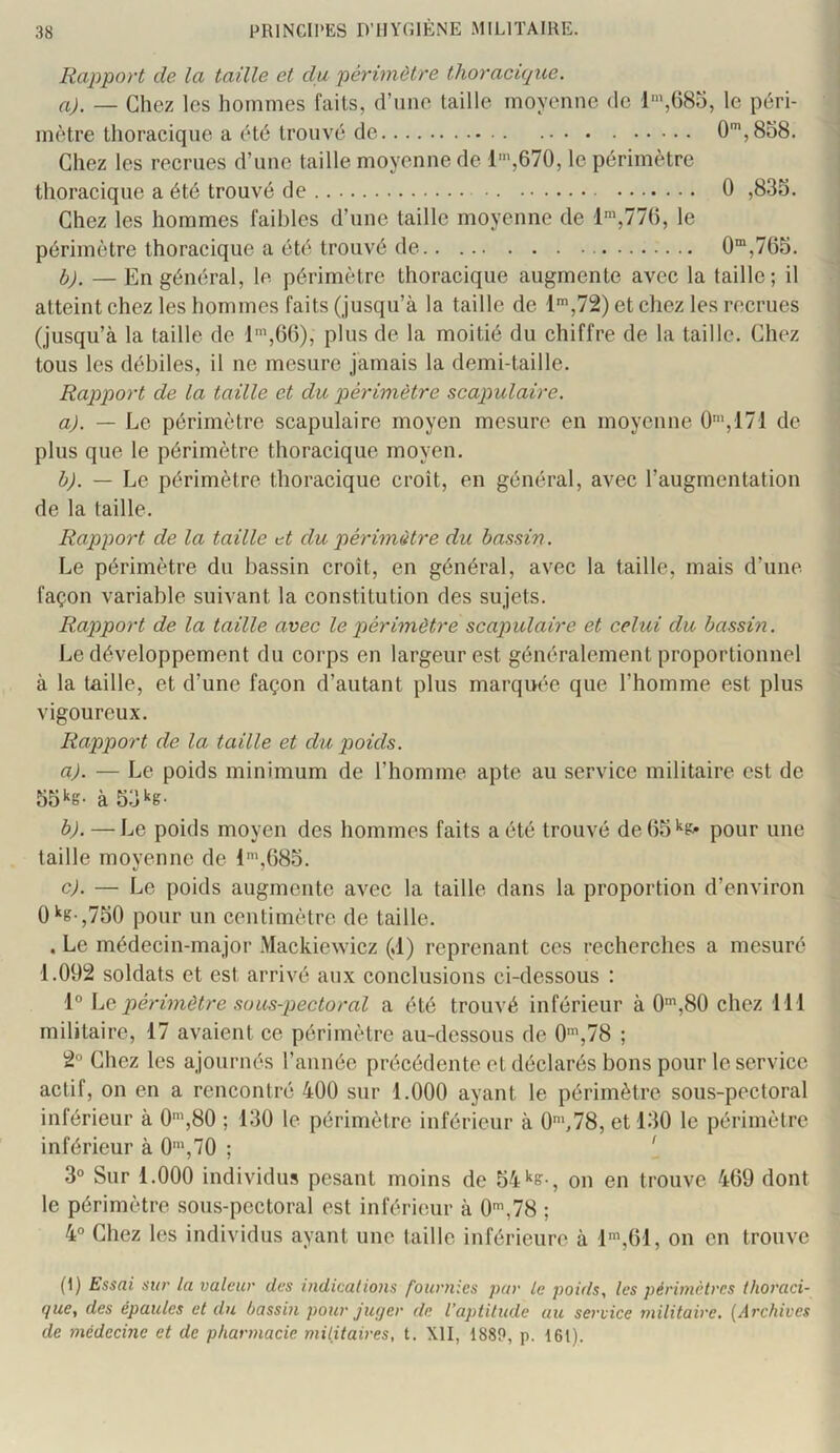 Rapport de la taille et du périmètre thoracique. a). — Chez les hommes faits, d’une taille moyenne de l',68o, le péri- mètre thoracique a été trouvé de 0’,8o8. Chez les reernes d’iine taille moyenne de l’,670, le périmètre thoracique a été trouvé de 0 ,835. Chez les hommes faibles d’une taille moyenne de l',77(), le périmètre thoracique a été trouvé de 0“,765. — En général, le périmètre thoracique augmente avec la taille; il atteint chez les hommes faits (jusqu’à la taille de l',72) et chez les recrues (jusqu’à la taille de l',66), plus de la moitié du chiffre de la taille. Chez tous les débiles, il ne mesure jamais la demi-taille. Rapport de la taille et du périmètre scapulaire. a) . — Le périmètre scapulaire moyen mesure en moyenne 0‘‘',171 de plus que le périmètre thoracique moyen. b) . — Le périmètre thoracique croit, en général, avec l’augmentation de la taille. Rapport de la taille et du périmètre du bassin. Le périmètre du bassin croît, en général, avec la taille, mais d’une façon variable suivant la constitution des sujets. Rapport de la taille avec le périmètre scapulaire et celui du bassin. Le développement du corps en largeur est généralement proportionnel à la taille, et d’une façon d’autant plus marqiH*e que l’homme est plus vigoureux. Rapport de la taille et du poids. a) . — Le poids minimum de l’homme apte au service militaire est de 55kg- à 53kg- b) . —Le poids moyen des hommes faits a été trouvé debS'^g' pour une taille moyenne de l',685. c) . — Le poids augmente avec la taille dans la proportion d’environ 0'‘g-,750 pour un centimètre de taille. . Le médecin-major Mackiewicz (.1) reprenant ces recherches a mesuré 1.092 soldats et est arrivé aux conclusions ci-dessous : 1° Lq périmètre süus-p)ectoral a été trouvé inférieur à 0',80 chez 111 militaire, 17 avaient ce périmètre au-dessous de 0',78 ; 2 Chez les ajournés l’année précédente et déclarés bons pour le service actif, on en a rencontré 400 sur 1.000 ayant le périmètre sous-pectoral inférieur à 0',80 ; 130 le périmètre inférieur à 0',78, et 130 le périmètre inférieur à 0',70 ; ' 3° Sur 1.000 individus pesant moins de 54'‘g-, on en trouve 409 dont le périmètre sous-pectoral est inférieur à O,78 ; 4° Chez les individus ayant une taille inférieure à 1™,61, on en trouve (1) Essai sur la valeur des indications fournies pur le poids, les périmètres thoraci- que, des épaules et du bassin pour juyer de l’aptitude au service militaire. [.Archives de médecine et de pharmacie militaires, t. XII, 1889, p. 161).