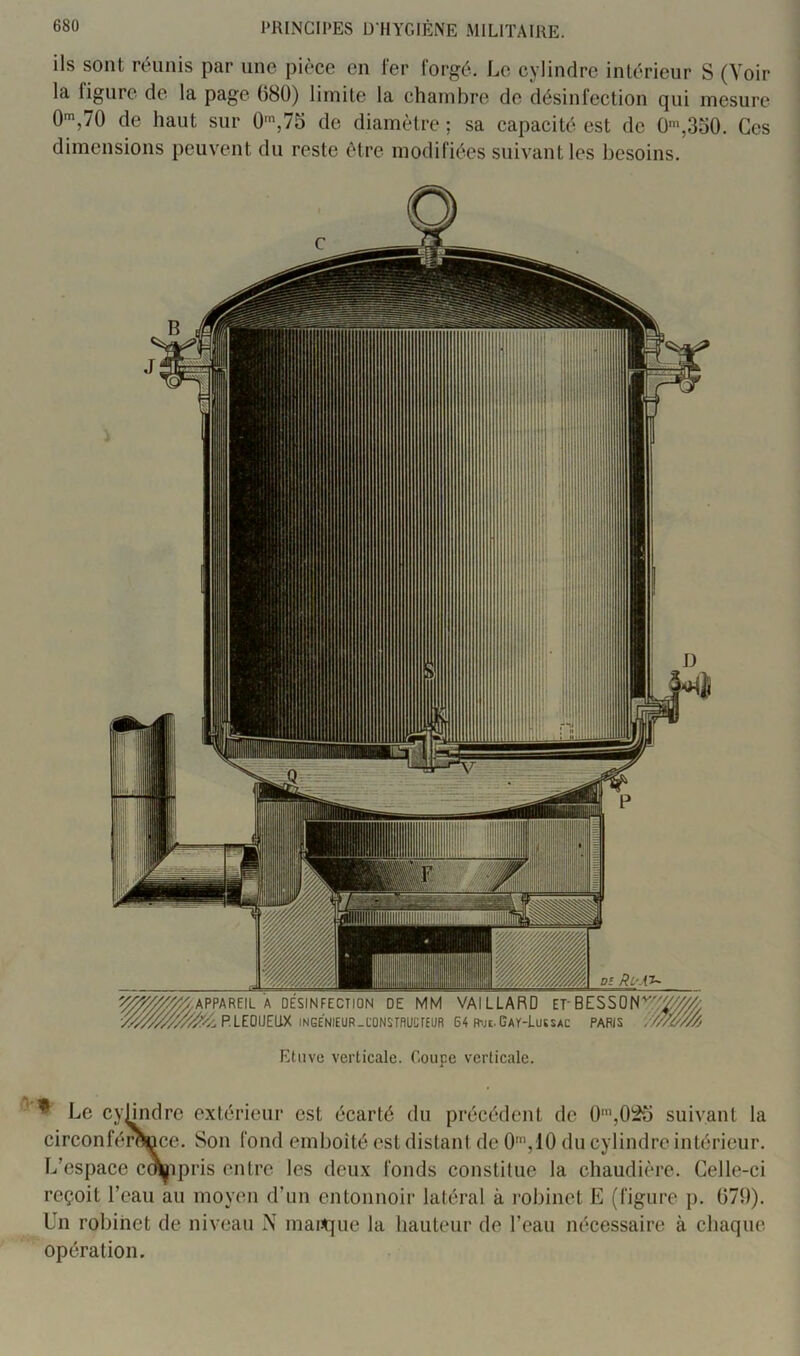 ils sont réunis par une pièce en fer forgé. Le cylindre intérieur S (Voir la figure de la page (580) limite la chambre de désinfection qui mesure O*,/O de haut sur 0',75 de diamètre ; sa capacité est de 0',3o0. Ces dimensions peuvent du reste être modifiées suivant les besoins. Etuve verticale. Coupe verticale. Le cybndre extérieur est écarté du précédent de suivant la circonférence. Son fond emboîté est distant de 0',10 du cylindre intérieur. L’espace c^ipris entre les deux fonds constitue la chaudière. Celle-ci reçoit l’eau au moyen d’un entonnoir latéral à robinet E (figure p. 079). Un robinet de niveau N mart:|ue la hauteur de l’eau nécessaire à chaque opération.
