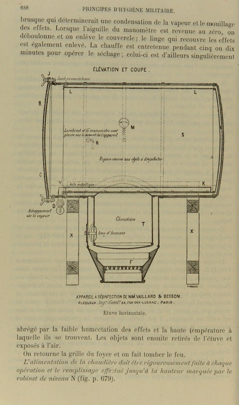 brusque qui déterminerait une condensation de la vapeur otlcnouillao-e des elfets. Lorsque l’aiguille du manomètre est revenue au zéro on déboulonne et on enlève le couvercle: le linge qui recouvre les effets est également enlevé. La chauffe est entretenue pendant cinq ou dix minutes pour opérer le séchage; celui-ci est d’ailleurs singulièrement Le robinet èl{e manomètre ton! place! sur te ÿeonal fie làfipareil Espace reterat tuu o^ls à dèsintictèr laite mclatUt Irnu d'homme ÉLÉVATION ET COUPE > Jointjncaonichoite BP ~ Ediappement \de ta vapeur C/mudtère APPAREIL A ofpiNrECriON DE MK^.VAILLARD & BESSON. p.LCQUcux .Itiyf-Conslt64,moat-lussac , paris . Etuve horizontale. abrégé par la faible humectation des effets et la liante température à laquelle ils se trouvent. Les objets sont ensuite retirés de l’étuve et exposés à l’air. On retourne la grille du foyer et on fait tomber le feu. Valimentation de la chaudière doit être rigoureusement faite à chaque opération et le remplissage effectué jusqu'à la hauteur marquée par le robinet de niveau N (fig. p. 079).