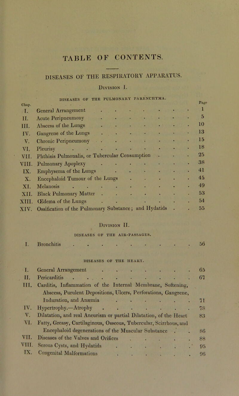 TABLE OF CONTENTS. DISEASES OF THE RESPIRATORY APPARATUS. Division I. DISEASES OF THE PULMONARY PARENCHYMA. Chap. . - Page I. General Arrangement .... ... 1 II. Acute Peripneumony 5 III. Abscess of the Lungs ....... 10 IV. Gangrene of the Lungs ...•••• 13 V. Chronic Peripneumony 15 VI, Pleurisy 18 VII. Phthisis Pulmonalis, or Tubercular Consumption 25 VIII. Pulmonary Apoplexy ..... • 38 IX. Emphysema of the Lungs ...... 41 X. Encephaloid Tumour of the Lungs ..... 45 XI. Melanosis 49 XII. Black Pulmonary Matter ....... 53 XIII. (Edema of the Lungs . . .... 54 XIV. Ossification of the Pulmonary Substance; and Hydatids . Division II. DISEASES OF THE AIR-PASSAGES. 55 I. Bronchitis ......... DISEASES OF THE HEART. 56 I. General Arrangement ....... 65 II. Pericarditis ......... 67 III. Carditis, Inflammation of the Internal Membrane, Softening, Abscess, Purulent Depositions, Ulcers, Perforations, Gangrene, Induration, and Anaemia ...... 71 IV. Hypertrophy.—Atrophy ....... 78 V. Dilatation, and real Aneurism or partial Dilatation, of the Heart 83 VI. Fatty, Greasy, Cartilaginous, Osseous, Tubercular, Scirrhous, and Encephaloid degenerations of the Muscular Substance . . 86 VII. Diseases of the Valves and Orifices . . . .88 VIII. Serous Cysts, and Hydatids . . . . . .'95 IX. Congenital Malformations ..... .96