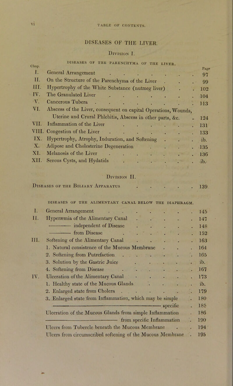 DISEASES OF THE LIVER Division I. DISEASES OF THE PARENCHYMA OF THE LIVER :lmp- ' Page I. General Arrangement ..... .97 II. On the Structure of the Parenchyma of the Liver . . . 99 III. Hypertrophy of the White Substance (nutmeg liver) . . 102 IV. The Granulated Liver ....... 104 V. Cancerous Tubera .... m VI. Abscess of the Liver, consequent on capital Operations, Wounds, Uterine and Crural Phlebitis, Abscess in other parts, &c. . 124 VII. Inflammation of the Liver . . . . . .131 VIII. Congestion of the Liver ....... 133 IX. Hypertrophy, Atrophy, Induration, and Softening . . . ib. X. Adipose and Cholesterine Degeneration . . . .135 XI. Melanosis of the Liver ..... . . 136 XII. Serous Cysts, and Hydatids ..... . ib.- Division II. Diseases of the Biliary Apparatus ..... 139 DISEASES OF THE ALIMENTARY CANAL BELOW THE DIAPHRAGM. I. General Arrangement ....... 145 II. Hypersemia of the Alimentary Canal ..... 147 • independent of Disease . . . . . 14S from Disease . . . . . .152 III. Softening of the Alimentary Canal ..... 163 1. Natural consistence of the Mucous Membrane . . . 164 2. Softening from Putrefaction . . . . . .165 3. Solution by the Gastric Juice . ... . ib. 4. Softening from Disease . . . . . .167 IV. Ulceration of the Alimentary Canal ..... 173 1. Healthy state of the Mucous Glands . . . . ib. 2. Enlarged state from Cholera . . . . . .179 3. Enlarged state from Inflammation, which may be simple . 180 specific . 185 Ulceration of the Mucous Glands from simple Inflammation . 186 from specific Inflammation . 190 Ulcers from Tubercle beneath the Mucous Membrane . .194 Ulcers from circumscribed softening of the Mucous Membrane . 195