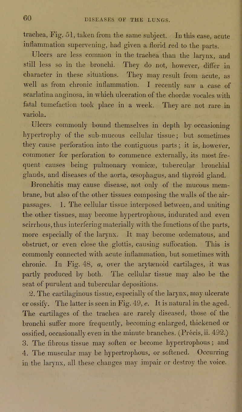 trachea, Fig. 51, taken from the same subject. In this case, acute inflammation supervening, had given a florid red to the parts. Ulcers are less common in the trachea than the larynx, and still less so in the bronchi. They do not, however, differ in character in these situations. They may result from acute, as well as from chronic inflammation. I recently saw a case of scarlatina anginosa, in which ulceration of the chordee vocales with fatal tumefaction took place in a week. They are not rare in variola. Ulcers commonly bound themselves in depth by occasioning hypertrophy of the sub-mucous cellular tissue; but sometimes they cause perforation into the contiguous parts; it is, however, commoner for perforation to commence externally, its most fre- quent causes being pulmonary vomicae, tubercular bronchial glands, and diseases of the aorta, oesophagus, and thyroid gland. Bronchitis may cause disease, not only of the mucous mem- brane, but also of the other tissues composing the Avails of the air- passages. 1. The cellular tissue interposed between, and uniting the other tissues, may become hypertrophous, indurated and even scirrhous, thus interfering materially with the functions of the parts, more especially of the larynx. It may become cedematous, and obstruct, or even close the glottis, causing suffocation. This is commonly connected with acute inflammation, but sometimes Avith chronic. In Fig. 48, a, over the arytsenoid cartilages, it Avas partly produced by both. The cellular tissue may also be the seat of purulent and tubercular depositions. 2. The cartilaginous tissue, especially of the larynx, may ulcerate or ossify. The latter is seen in Fig. 49, e. It is natural in the aged. The cartilages of the trachea are rarely diseased, those of the bronchi suffer more frequently, becoming enlarged, thickened or ossified, occasionally even in the minute branches. (Precis, ii. 492.) 3. The fibrous tissue may soften or become hypertrophous; and 4. The muscular may be hypertrophous, or softened. Occurring in the larynx, all these changes may impair or destroy the voice.