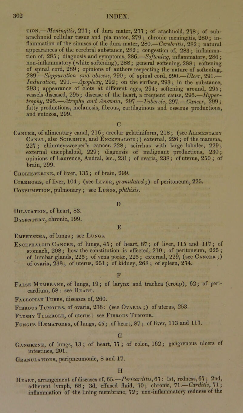 tion.—Meningitis, 2^77 ; of dura mater, 271 ; of arachnoid, 2*78; of sub- arachnoid cellular tissue and pia mater, 279 ; chronic meningitis, 280; in- flammation of the sinuses of the dura mater, 280.—Cerebritis, 282 ; natural appearances of the cerebral substance, 282 ; congestion of, 283 ; inflamma- tion of, 285; diagnosis and symptoms, 286.—Softening, inflammatory, 286 ; non-inflammatory (white softening), 288; general softening, 288 ; softening of spinal cord, 289; opinions of authors respecting the nature of softening, 289.—Suppuration and abscess, 290; of spinal cord, 290.— Ulcer, 291.— Induration, 291.—Apoplexy, 292; on the surface, 293; in the substance, 293; appearance of clots at different ages, 294; softening around, 295; vessels diseased, 295; disease of the heart, a frequent cause, 296.—Hyper- trophy, —Atrophy and Ancemia, 297.—Tubercle, 297.—Cancer, 299; fatty productions, melanosis, fibrous, cartilaginous and osseous productions, and entozoa, 299. C Cancer, of alimentary canal, 216; areolar gelatiniform, 218; (see Alimentary Canal, also Scirrhus, and Enckphaloid ;) external, 226; of the mamma, 227 ; chimneysweeper’s cancer, 228; scirrhus with large lobules, 229; external encephaloid, 229; diagnosis of malignant productions, 230; opinions of Laurence, Andral, &c., 231; of ovaria, 238; of uterus, 250 ; of brain, 299. Cholesterine, of liver, 135; of brain, 299. Cirrhosis, of liver, 104 ; (see Liver, granulated;) of peritoneum, 225. Consumption, pulmonary ; see Lungs, phthisis. D Dilatation, of heart, 83. Dysentery, chronic, 199. E Emphysema, of lungs ; see Lungs. Encephaloid Cancer, of lungs, 45; of heart, 87 ; of liver, 115 and 117 ; of stomach, 208; how the constitution is affected, 210; of peritoneum, 225; of lumbar glands, 225; of vena portae, 225; external, 229, (see Cancer ;) of ovaria, 238; of uterus, 251; of kidney, 268; of spleen, 274. F False Membrane, of lungs, 19; of larynx and trachea (croup), 62; of peri- cardium, 68: see Heart. Fallopian Tubes, diseases of, 260. Fibrous Tumours, of ovaria, 236: (see Ovaria ;) of uterus, 253. Fleshy Tubercle, of uterus : see Fibrous Tumour. Fungus H^ematodes, of lungs, 45; of heart, 87 ; of liver, 113 and 117. G Gangrene, of lungs, 13; of heart, 77; of colon, 162; gangrenous ulcers of intestines, 201. Granulations, peripneumonic, 8 and 17. H Heart, arrangement of diseases of, 65.—Pericarditis, (S'! : 1st, redness, 67 ; 2nd, adherent lvmph, 68; 3d, effused fluid, 70; chronic, 71.—Carditis, 71 ; inflammation of the lining membrane, 72; non-inflammatory ledness of the