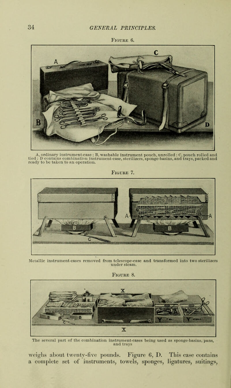 Figure 6. c A, ordinary instrument-case ; B, washable instrument pouch, unrolled ; C, pouch rolled and tied ; I) contains combination instrument-case, sterilizers, sponge-basins, and trays, packed and ready to be taken to an operation. Figure 7. Metallic instrument-cases removed from telescope-case and transformed into two sterilizers under steam. Figure 8. X The several part of the combination instrument-cases being used as sponge-basins, pans, and trays weighs about twenty-five pounds. Figure 6, T). This case contains a complete set of instruments, towels, sponges, ligatures, suitings,