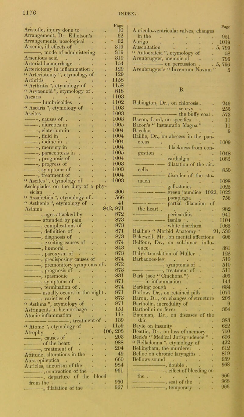 Page Aristotle, injury done to . . 10 Arrangement, Dr. Elliotson’s . G2 Arrangements, nosological . . ' 62 Arsenic, ill effects of . . . 319 , mode of administering . 319 Arsenious acid . . . . 319 Arterial haemorrhage . . .154 Arteriotomy in inflammation . . 129 “ Arteriotomy ”, etymology of . 129 Arthritis . . . . .1158 “ A rthritis ”, etymology of . . 1158 “ Arytaenoid ”, etymology of . . 818 Ascaris ..... 1103 lumbricoides . . .1102 “ Ascaris ”, etymology of . . 1103 Ascites ..... 1003 , causes of . . . . 1003 , diuretics in . . . 1005 , elaterium in . . 1004 , fluid in . . . 1004 , iodine in . . . . 1004 , mercury in 1004 , paracentesis in. . . 1005 , prognosis of 1004 , progress of 1003 , symptoms of . . 1003 , treatment of 1004 “ Ascites ”, etymology of . . 1003 Asclepiades on the duty of a phy- sician ..... 306 “ Assafoetida ”, etymology of . . 566 “ Asthenic ”, etymology of . . 41 Asthma .... 842, 871 , ages attacked by . . 872 attended by pain . . 873 , complications of . . 873 , definition of . .871 , diagnosis of . . 873 , exciting causes of . 874 , humoral .... 843 , paroxysm of . . . 873 , predisposing causes of . 874 , premonitory symptoms of. 872 , prognosis of . . 873 , spasmodic . . .831 , symptoms of . . .871 , termination of. . . 874 usually occurs in the night. 871 , varieties of 873 “ Asthma ”, etymology of . . 871 Astringents in haemorrhage . . 151 Atonic inflammation . . . 117 , treatment of . 139 “ Atonic ”, etymology of . • 1159 Atrophy .... 106, 203 , causes of ... 203 of the heart . . . 988 , treatment of . . . 204 Attitude, alterations in the . . 49 Aura epileptica .... 660 Auricles, aneurism of the . . 984 , contraction of the . . 961 , departure of the blood from the ..... 960 . , dilatation of the . . 967 I Auriculo-ventricular valves, changes in the . . . . . 951 Aurigo 1019 Auscultation . . . .5, 799 “ Autocrateia ”, etymology of . 58 Avenbrugger, memoir of . . 796 on percussion . . 5, 796 Avenbrugger’s “ Inventum Novum ” 5 B. Babington, Dr., on chlorosis. . 246 scurvy . . 253 the huffy coat . 573 Bacon, Lord, on specifics . . 11 Bacon’s “ Instauratio Magna ” . 11 Bacchus ..... 9 Baillie, Dr., on abscess in the pan- creas . . . . 1009 blackness from con- gestion 1048 cardialgia . . 1085 dilatation of the air- cells . • . . . . 850 disorder of the sto- mach 1098 gall-stones . . 1025 green jaundice 1022,1023 paraplegia . . 756 partial dilatation of the heart ..... 982 pericarditis . . 941 tsenise . . . 1104 white diarrhoea . 1065 Baillie’s “ Morbid Anatomy ” 21, 530 Bakevvell, Mr., on mental affections 606 Balfour, Dr., on sol-lunar influ- ence , 381 Baly’s translation of Muller . . 122 Barbadoes-leg . . . . 510 , symptoms of . . 510 , treatment of . . 511 Bark (see “ Cinchona ”) . . 309 in inflammation . . .144 Barking cough .... 834 Barlow, Dr., on retained pills . 1070 Baron, Dr., on changes of structure 208 Bartholin, incredulity of 9 Bartholini on fever . . . 334 Bateman, Dr., on diseases of the skin ..... 383 Bayle on insanity . . . 622 Beattie, Dr., on loss of memory . 750 Beck’s “ Medical Jurisprudence ” . 606 “ Belladonna ”, etymology of . 422 Bellingham, the murderer . . 612 Belloc on chronic laryngitis . . 819 Bellows-sound .... 959 , double . . . 968 , effect of bleeding on the 966 f sea| 0f the . 968 , temporary . . 966