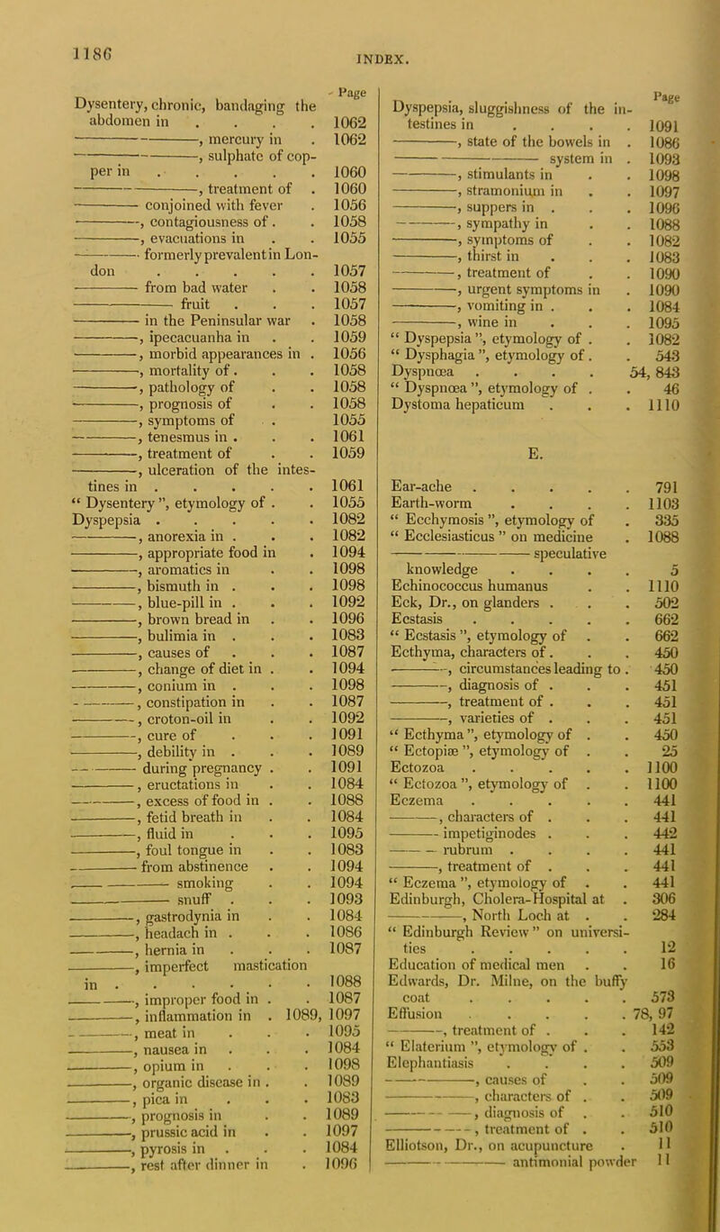 INDEX. Dysentery, chronic, bandaging the abdomen in ... ‘ , mercury in , sulphate of cop- , treatment of . per in - conjoined with fever contagiousness of. evacuations in don formerly prevalent in Lon- from bad water fruit ar - in the Peninsular -, ipecacuanha in -, morbid appearances in mortality of. pathology of prognosis of symptoms of tenesmus in . treatment of ulceration of the tines in “ Dysentery ”, etymology of Dyspepsia . , anorexia in . , appropriate food in , aromatics in , bismuth in . , blue-pill in . , brown bread in , bulimia in . —, causes of —, change of diet in —, conium in . -, constipation in --, croton-oil in —, cure of —, debility in . — during pregnancy —, eructations in —, excess of food in —, fetid breath in —, fluid in -, foul tongue in — from abstinence smoking snuff -, gastrodynia in -, headach in . -, hernia in imperfect mastication in —, improper food in inflammation in -, meat in -, nausea in opium in -, organic disease in -, pica in prognosis in -, prussic acid in -, pyrosis in rest after dinner in mtes- 1089, ' Page 1062 1062 1060 1060 1056 1058 1055 1057 1058 1057 1058 1059 1056 1058 1058 1058 1055 1061 1059 1061 1055 1082 1082 1094 1098 1098 1092 1096 1083 1087 1094 1098 1087 1092 1091 1089 1091 1084 1088 1084 1095 1083 1094 1094 1093 1084 1086 1087 1088 1087 1097 1095 1084 1098 1089 1083 1089 1097 1084 1096 Dyspepsia, sluggishness of the in- Page testines in 1091 , state of the bowels in 1086 system in 1093 , stimulants in 1098 , stramonium in 1097 , suppers in . 1096 , sympathy in 1088 , symptoms of 1082 , thirst in 1083 , treatment of 1090 , urgent symptoms in 1090 , vomiting in . 1084 , w’ine in 1095 “ Dyspepsia”, etymology of . 1082 “ Dysphagia ”, etymology of . 543 Dyspnoea .... 54, 843 “ Dyspnoea ”, etymology of . 46 Dystoma hepaticum 1110 E. Ear-ache .... 791 Earth-worm 1103 “ Ecchymosis ”, etymology of 335 “ Ecclesiasticus ” on medicine 1088 speculative knowledge 5 Echinococcus humanus 1110 Eck, Dr., on glanders . 502 Ecstasis .... 662 “ Ecstasis ”, etymology of 662 Ecthyma, characters of. 450 circumstances leading to . 450 , diagnosis of . 451 , treatment of . 451 , varieties of . 451 “ Ecthyma ”, etymology of . 450 “ Ectopise ”, etymology of . 25 Ectozoa .... 1100 “ Ectozoa ”, etymology of . 1100 Eczema .... 441 , characters of . 441 impetiginodes . 442 rub rum . 441 , treatment of . 441 “ Eczema ”, etymology of . 441 Edinburgh, Cholera-Hospital at 306 , North Loch at . 284 “ Edinburgh Review ” on universi- ties .... 12 Education of medical men 16 Edwards, Dr. Milne, on the huffy coat .... 573 Effusion .... . 78, 97 , treatment of . 142 “ Elaterium ”, etymologv of . 553 Elephantiasis 509 , causes of 509 , characters of . 509 } diagnosis of 510 , treatment of . 510 Elliotson, Dr., on acupuncture 11 antimomal powder 11