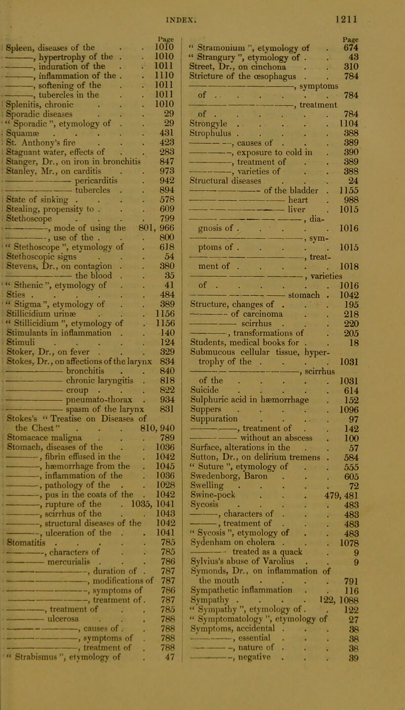 Spleen, diseases of the , hypertrophy of the , induration of the , inflammation of the , softening of the tubercles in the Splenitis, chronic Sporadic diseases “ Sporadic ”, etymology of . • Squamae .... 1 St. Anthony’s fire Stagnant water, effects of Stanger, Dr., on iron in bronchitis Stanley, Mr., on carditis pericarditis tubercles . State of sinking Stealing, propensity to Stethoscope , mode of using the 801, , use of the . “ Stethoscope ”, etymology of Stethoscopic signs Stevens, Dr., on contagion . the blood . “ Sthenic ”, etymology of Sties ..... “ Stigma ”, etymology of Stillicidium urinae “ Stillicidium ”, etymology of Stimulants in inflammation . Stimuli .... Stoker, Dr., on fever . Stokes, Dr., on affections of the larynx bronchitis chronic laryngitis croup . • pneumato-thorax spasm of the larynx “ Treatise on Diseases of Page 1010 1010 1011 1110 1011 1011 1010 29 29 431 423 283 847 973 942 894 578 609 799 966 800 618 54 380 35 41 484 389 1156 1156 140 124 329 834 840 818 822 934 831 Stokes’s the Chest” . Stomacace maligna Stomach, diseases of the -, fibrin effused in the —, haemorrhage from the —, inflammation of the —, pathology of the —, pus in the coats of the . —, rupture of the . 1035, —, scirrhus of the —, structural diseases of the ulceration of the . Stomatitis , characters of mercurialis . , duration of . • , modifications of 810,940 . 789 . 1036 . 1042 . 1045 . 1036 . 1028 . 1042 1041 1043 1042 1041 785 —, symptoms of —, treatment of , treatment of ulcerosa , causes of . , symptoms of treatment of “ Strabismus ”, etymology of 785 786 787 787 786 787 785 788 788 788 788 47 “ Stramonium ”, etymology of “ Strangury ”, etymology of . Street, Dr., on cinchona Stricture of the oesophagus . , symptoms of treatment of . Strongyle .... Strophulus .... , causes of . , exposure to cold in , treatment of , varieties of Structural diseases of the bladder heart gnosis of . 9 ptoms of . 9 ment of . 9 of stomach Structure, changes of of carcinoma scirrhus . , transformations of Page 674 43 310 784 784 784 1104 388 389 390 389 388 24 1155 988 1015 1016 1015 . 1018 varieties . 1016 1042 195 218 220 205 18 1031 dia- sym- treat- Students, medical books for . Submucous cellular tissue, hyper- trophy of the .... , scirrhus of the J031 Suicide ..... 614 Sulphuric acid in haemorrhage . 152 Suppers 1096 Suppuration . . ... 97 . , treatment of . 142 without an abscess . 100 Surface, alterations in the . . 57 Sutton, Dr., on delirium tremens . 584 “ Suture ”, etymology of . . 555 Swedenborg, Baron . . . 605 Swelling ..... 72 Swine-pock . . . 479,481 Sycosis 483 , characters of . . . 483 , treatment of . . , 483 “ Sycosis ”, etymology of . . 483 Sydenham on cholera . . . 1078 treated as a quack . 9 Sylvius’s abuse of Varolius . . 9 Symonds, Dr., on inflammation of the mouth . . . .791 Sympathetic inflammation . . 116 Sympathy . . . .122, 1088 “ Sympathy ”, etymology of . . 122 “ Symptomatology ”, etymology of 27 Symptoms, accidental ... 38 — , essential ... 38 , nature of . . . 38 ‘ , negative ... 39