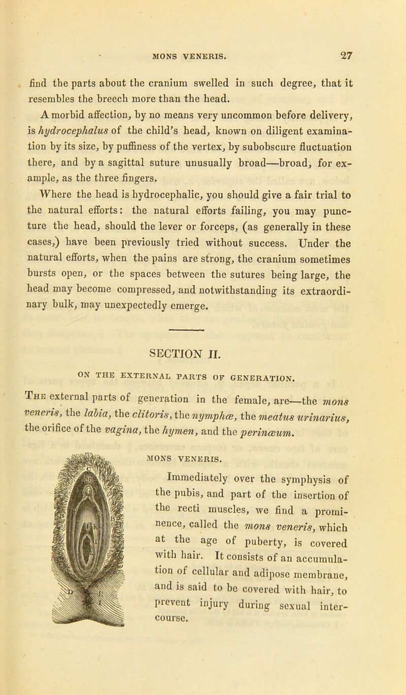 find the parts about the cranium swelled in such degree, that it resembles the breech more than the head. A morbid aifection, by no means very uncommon before delivery, is hydrocephalus of the child’s head, known on diligent examina- tion by its size, by puffiness of the vertex, by subobscure fluctuation there, and by a sagittal suture unusually broad—broad, for ex- ample, as the three fingers. Where the head is hydrocephalic, you should give a fair trial to the natural efforts: the natural efforts failing, you may punc- ture the head, should the lever or forceps, (as generally in these cases,) have been previously tried without success. Under the natural efforts, when the pains are strong, the cranium sometimes bursts open, or the spaces between the sutures being large, the head may become compressed, and notwithstanding its extraordi- nary bulk, may unexpectedly emerge. SECTION II. ON THE EXTERNAL PARTS OF GENERATION. The external parts of generation in the female, are—the mons veneris, the lahia, the clitoris, the nymphce, the meatus urinarius, the orifice of the vagina, the hymen, and the perinceum. MONS VENERIS. Immediately over the symphysis of the pubis, and part of the insertion of the recti muscles, we find a promi- nence, called the mons veneris, which at the age of puberty, is covered with hair. It consists of an accumula- tion of cellular and adipose membrane, and is said to be covered with hair, to pievent injury during sexual inter- course.