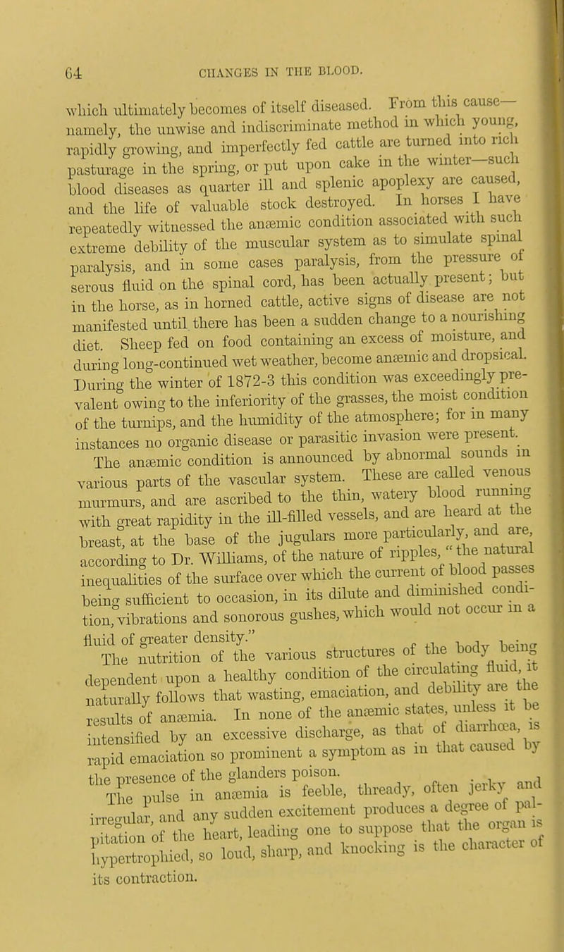 which ultimately becomes of itself diseased. From this cause- namely, the unwise and indiscriminate method m which young, vapidly growing, and imperfectly fed cattle are turned into rich pasturage in the spring, or put upon cake in the winter-such Llood diseases as quarter ill and splenic apoplexy are caused, and the life of valuable stock destroyed. In horses I have repeatedly witnessed the anaemic condition associated with such extreme debility of the muscular system as to simulate spinal paralysis, and in some cases paralysis, from the pressure of serous fluid on the spinal cord, has been actually present; but in the horse, as in horned cattle, active signs of disease are not manifested until there has been a sudden change to a nourishing diet Sheep fed on food containing an excess of moisture, and during long-continued wet weather, become anasinic and dropsical. During the winter of 1872-3 this condition was exceedingly pre- valent owing to the inferiority of the grasses, the moist condition of the turnips, and the humidity of the atmosphere; for m many instances no organic disease or parasitic invasion were present. The aneemic condition is announced by abnormal sounds m various parts of the vascular system. These are called venous murmurs, and are ascribed to the thin, watery blood running with great rapidity in the ill-filled vessels, and are heard at the breast, at the base of the jugulars more particulay y, and are according to Dr. Williams, of the nature of ripples < he natura inequalities of the surface over which the current of b ood passes being sufficient to occasion, in its dilute and diminished condi- tion, vibrations and sonorous gushes, which would not occur m a fluid of greater density. The Nutrition of the various structures of the body being dependent upou a healthy couditiou of the cireu ariug tad it naturally follows that wasting, emaciation, and debdity aie tuc results of amemia. In none of the ameinic states unless rt be ZrSfled by an excessive discbarge, as that ef diarrhoea is ^nTmoiln so prominent a symptom as in that caused by the m-esence of the glanders poison. ... i The pulse in aiiamiia is feeble, thready, often jerky and irregular, and any sudden excitement produces a station of the heart, leading one to suppose that tl e organ is so loud, sharp, and knocking is the diameter of its contraction.