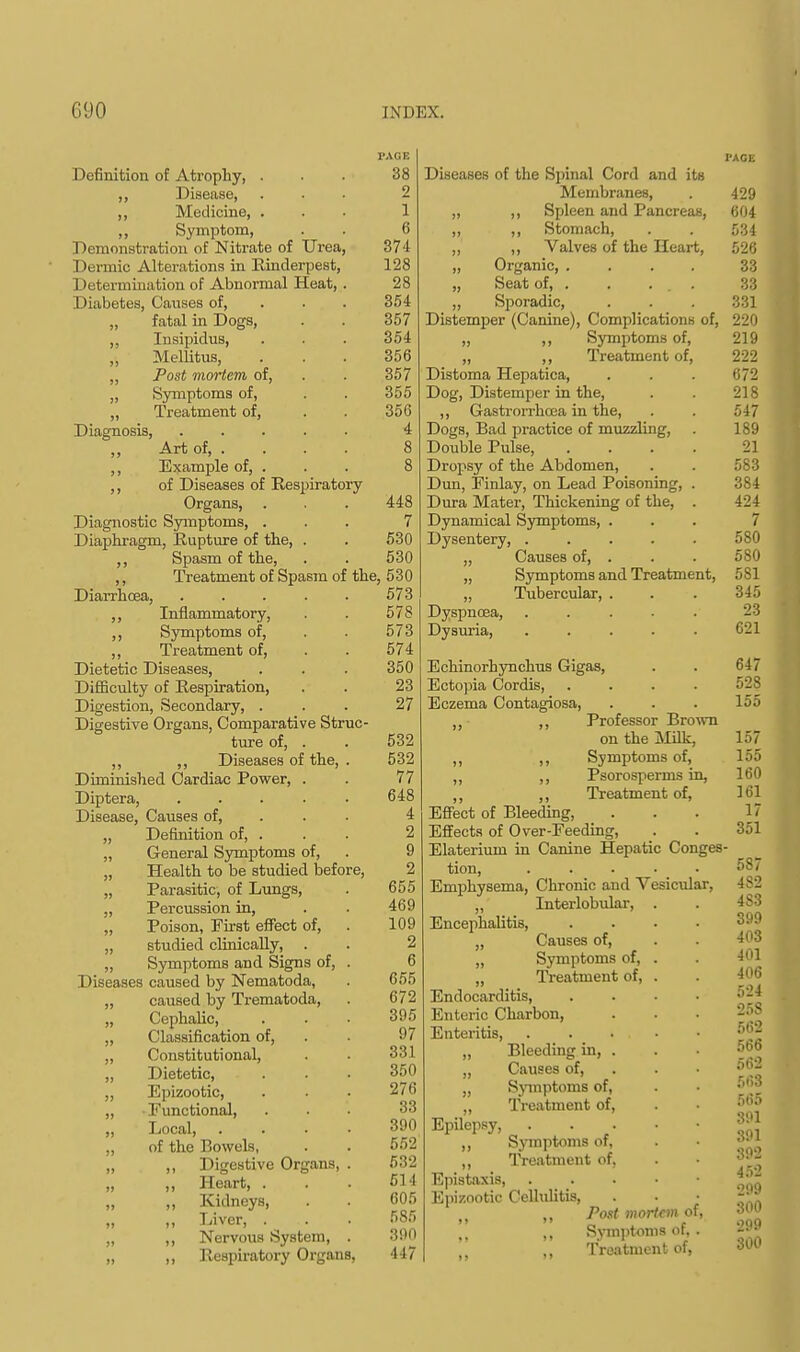 PAGE Definition of Atrophy, . . . 38 ,, Disease, ... 2 ,, Medicine, ... 1 ,, Symptom, . . 6 Demonstration of Nitrate of Urea, 374 1 >ermic Alterations in Rinderpest, 128 Determination of Abnormal Heat, . 28 Diabetes, Causes of, . . 354 „ fatal in Dogs, . . 357 ,, Insipidus, . . . 354 Mellitus, ... 356 „ Post mortem of, . . 357 „ Symptoms of, . . 355 „ Treatment of, . . 356 Diagnosis, 4 Art of, ... 8 ,, Example of, . 8 ,, of Diseases of Respiratory Organs, Diagnostic Symptoms, . Diaphragm, Rupture of the, . ,, Spasm of the, ,, Treatment of Spasm of the, 530 Diarrhoea, 573 ,, Inflammatory, ,, Symptoms of, ,, Treatment of, Dietetic Diseases, Difficulty of Respiration, Digestion, Secondary, . Digestive Organs, Comparative Struc- ture of, . ,, ,, Diseases of the, . Diminished Cardiac Power, . Diptera, ..... Disease, Causes of, „ Definition of, . „ General Symptoms of, „ Health to be studied before, „ Parasitic, of Lungs, „ Percussion in, „ Poison, First effect of, ,, studied clinically, . „ Symptoms and Signs of, . Diseases caused by Nematoda, „ caused by Trematoda, „ Cephalic, „ Classification of, „ Constitutional, „ Dietetic, ,, Epizootic, „ Functional, „ Local, .... „ of the Bowels, „ ,, Digestive Organs, . „ „ Heart, . „ „ Kidneys, „ „ Liver, . „ „ Nervous System, . „ ,, Respiratory Organs, 448 7 530 530 578 573 574 350 23 27 532 532 77 648 4 2 9 2 655 469 109 2 6 655 672 395 97 331 350 276 33 390 552 532 514 605 585 390 447 Diseases of the Spinal Cord and its Membranes, „ ,, Spleen and Pancreas, ,, ,, Stomach, ,, ,, Valves of the Heart, „ Organic „ Seat of, . . ... ,, Sporadic, Distemper (Canine), Complications of, ,, ,, Symptoms of, ,, ,, Treatment of, Distoma Hepatica, Dog, Distemper in the, ,, Gastrorrhcea in the, Dogs, Bad practice of muzzling, Double Pulse, .... Dropsy of the Abdomen, Dun, Finlay, on Lead Poisoning, . Dura Mater, Thickening of the, . Dynamical Symptoms, . Dysentery, ..... „ Causes of, . „ Symptoms and Treatment, „ Tubercular, . Dyspnoea, ..... Dysuria, ..... Echinorhynchus Gigas, Ectopia Cordis, .... Eczema Contagiosa, ,, ,, Professor Brown on the Milk, ,, Symptoms of, ,, ,, Psorospernis in, ,, Treatment of, Effect of Bleeding, Effects of Over-Feeding, Elaterium in Canine Hepatic Conges- tion, ..... Emphysema, Chronic and Vesicular, ,, Interlobular, . Encephalitis, .... „ Causes of, „ Symptoms of, . „ Treatment of, . Endocarditis Enteric Charbon, Enteritis, . . . ■ • „ Bleeding in, . „ Causes of, „ Symptoms of, „ Treatment of, Epilepsy, „ Symptoms of, ,, Treatment of, Epistaxis, . Epizootic Cellulitis, ,, Post mortem of, M ,, Symptoms of.. , Treatment of, 429 604 534 526 33 33 331 220 219 222 672 218 547 189 21 583 384 424 7 580 580 5S1 34o 23 621 64 528 155 157 15o 160 161 1 351 58 482 4S3 399 403 401 406 524 258 56? 561 56) 563 565 391 391 392 46? 299 300 299 300