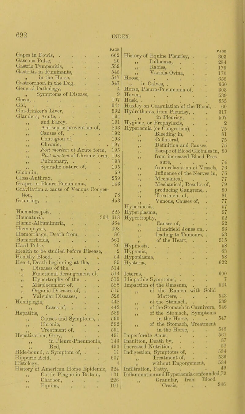 Gapes in Fowls 662 Gaseous Pulse, .... 20 Gastric Tympanitis, . . . 539 Gastritis in Ruminants, . . 545 „ in the Horse, . . 547 Gastrorrhcea in the Dog, . . 547 General Pathology, ... 4 ,, Symptoms of Disease, . 9 Germ, 107 Gicl, 644 Gin-drinker's Liver, . . . 592 Glanders, Acute, . . . . 194 ,, and Farcy, . . . 191 ,, Antiseptic prevention of, 203 ,, Causes of, . . 192 Contagion of, . . 193 ., Chronic, . ♦ 197 ,, Post mortem of Acute form, 195 ,, Post mortem of Chronic form, 198 ,, Pulmonary, . . . 198 ,, Sporadic nature of, . 105 Globulin, . . . . , 59 Gloss-Anthrax, .... 259 Grapes in Pleuro-Pneumonia, . 143 Gravitation a cause of Venous Conges- tion, , . . . 78 Grunting, . . . . . 453 Hasmatosepsis, .... 225 Hematuria, . . . 364, 618 Haemo-Albuminuria, . . . 364 Haemoptysis, .... 498 Haemorrhage, Death from, . . 86 Haemorrhoids, .... 561 Hard Pulse, .... 20 Health to be studied before Disease, 2 Healthy Blood, . 54 Heart, Death beginning at the, . 85 ,, Diseases of the, . . . 514 „ Functional derangement of, 514 ,, Hypertrophy of the, . . 515 „ Misplacement of, . . 528 ,, Organic Diseases of, . . 515 ,, Valvular Diseases, . . 526 Hemiplegia, .... 442 ,, Cases of, . -. . 442 Hepatitis, 589 ,, Causes and Symptoms, . 590 ,, Chronic, . . . 592 ,, Treatment of, . . 591 Hepatization, Grey, . . . 491 ,, in Pleuro-Pneumonia, 113 Red, ... . 490 Hide-bound, a Symptom of, . . 11 Hippuric Acid, .... 607 Histology, ..... 4 History of American Horse Epidemic, 324 ,, Cattle Plague in Britain, 131 ,, Charbon, . . . 226 ,, Equina, . . . 191 | PAGE History of Equine Pleurisy, . . 80? ,, Influenza, . . . 284 ,, Babies, . . . 179 ,, Variola Ovina, . . 170 Hoose, 055 ,, in Calves, .... 660 Horse, Pleuro-Pneumonia of, . 303 Hoven, 539 Husk, 655 Huxley on Coagulation of the Blood, 60 Hydrothorax from Pleurisy, . . 317 ,, in Pleurisy, . . 507 Hygiene, or Prophylaxis, . . 2 Hyperemia (or Congestion), . 75 „ Bleeding in, . . 81 ,, Collateral, . . 75 „ Definition and Causes, 75 „ Escape of Blood Globules in, 80 „ from increased Blood Pres- sure, 74 ,, from relaxation of Vessels, 76 ,, Influence of the Nerves in, 76 ,, Mechanical, 77 „ Mechanical, Results of, 79 „ producing Gangrene, . 80 ,, Treatment of, . 81 ,, Venous, Causes of, 77 Hyperinosis, .... 57 Hyperplasma, .... 57 Hypertrophy, .... 52 „ Causes of, 52 „ Handheld Jones on, . 53 ,, leading to Tumours. . 53 ,, of the Heart, . 515 Hypinosis, 58 Hypcenia, ..... 63 Hypoplasma, .... 58 Hysteria, ..... 622 Icterus, ..... 600 Idiopathic Symptoms, . 7 Impaction of the Omasum, . 544 ,, of the Rumen with Solid Matters, . 543 ,, of the Stomach, . 539 ,, of the Stomach in Oamivora, 546 ,, of the Stomach, Symptoms in the Horse, . . 547 ,, of the Stomach, Treatment in the Horse, . . 548 Imperforate Anus, . . . 5<U Inanition, Death by, ... 87 Increased Nutrition, . . . 52 Indigestion, Symptoms of, . . 5m „ Treatment of, . . 536 „ without Engorgement, 534 Infiltration, Fatty, ■ ■ • t9 Inflammation and Hvpeneinia confounded. 7'.' ,, Granular, from Blood Crasis, . . 346